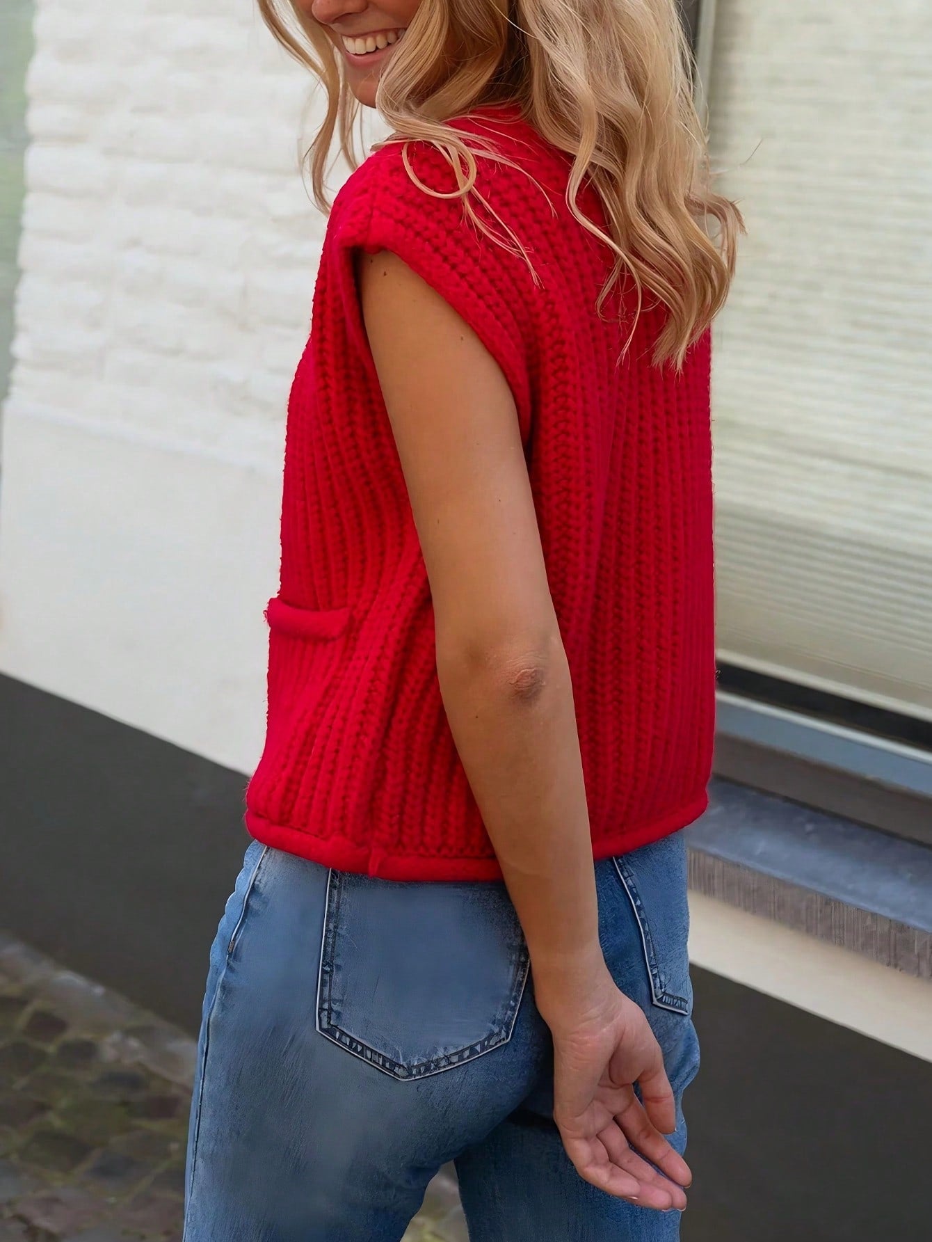 Women's Red Chunky Knit Vest with Gold Buttons