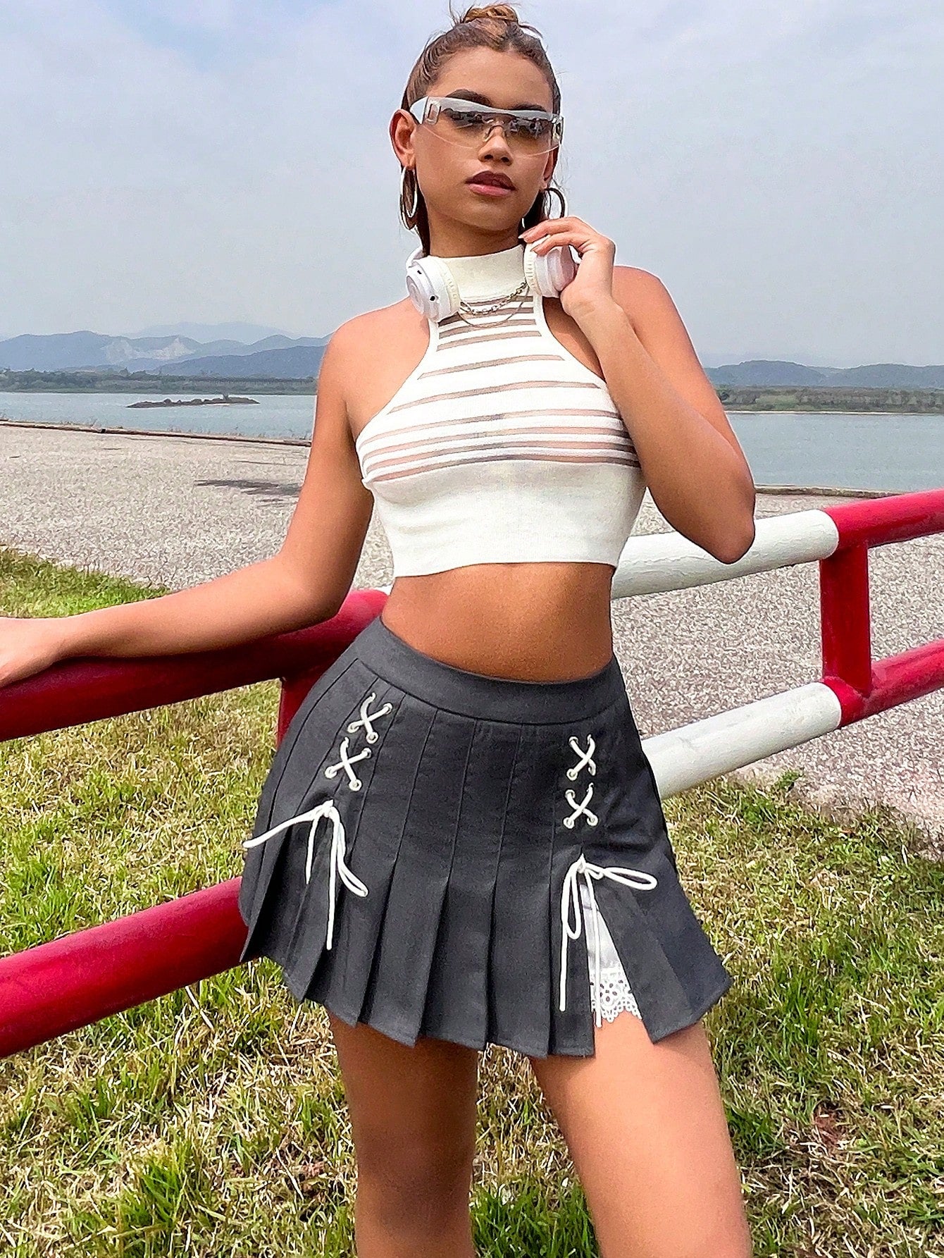 Women's Grey Polyester Blend High Waisted Plaid Mini Skirt