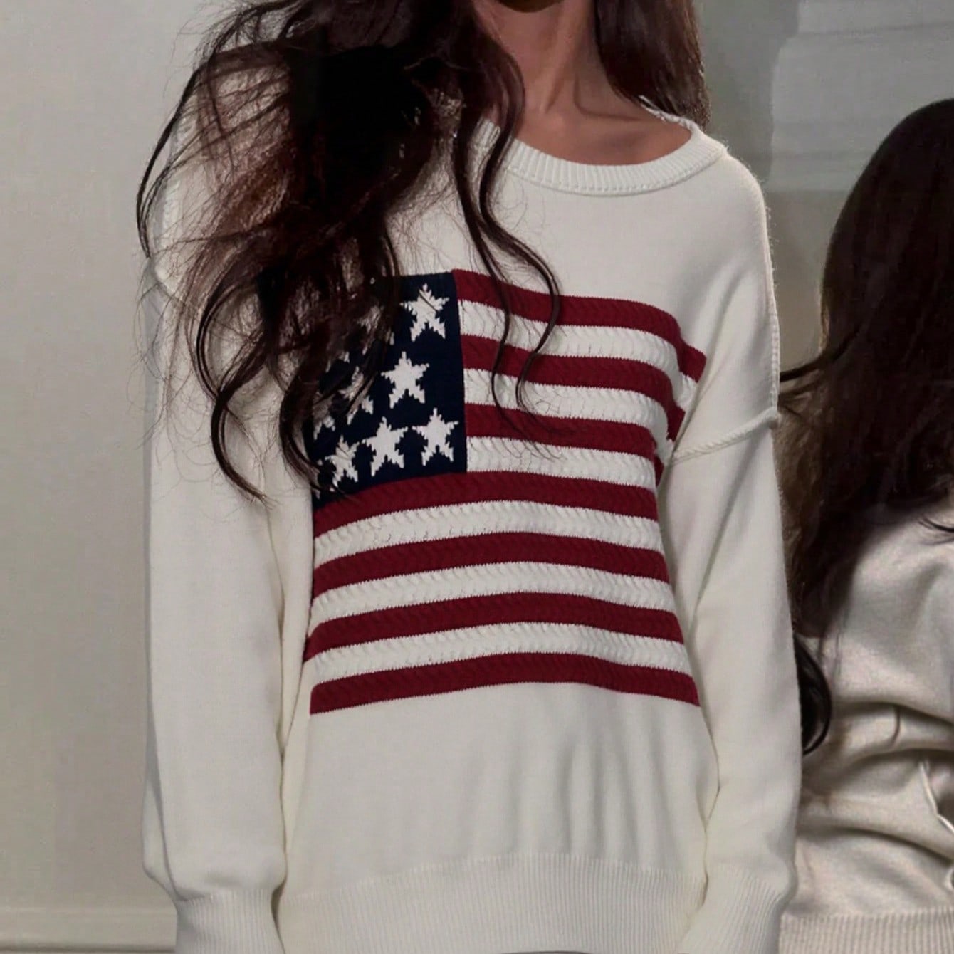 Women's White American Flag Knit Sweater Oversized Patriotic Pullover