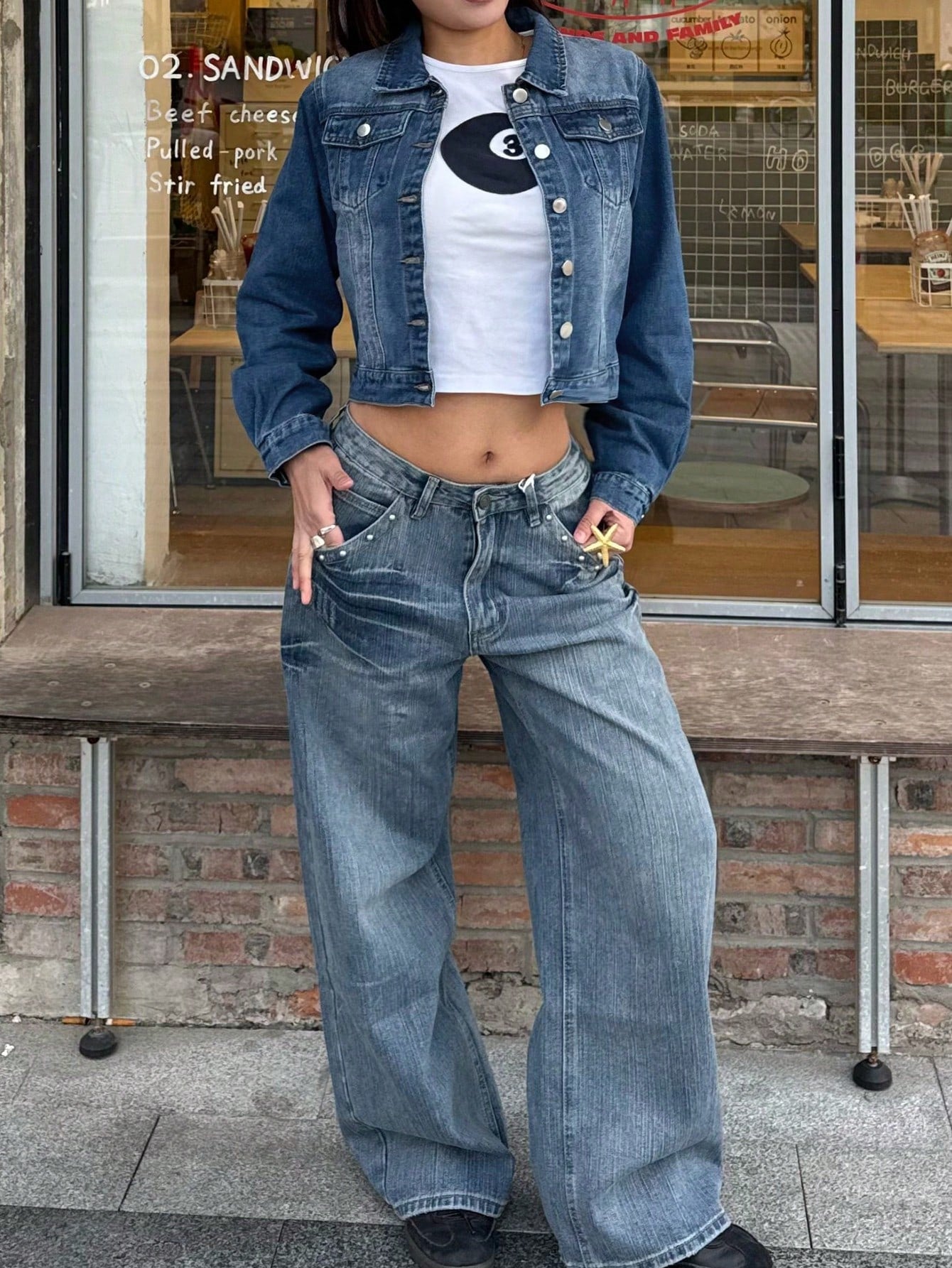 Women's Blue Cotton-Blend Cropped Denim Jacket with Button-Down Front