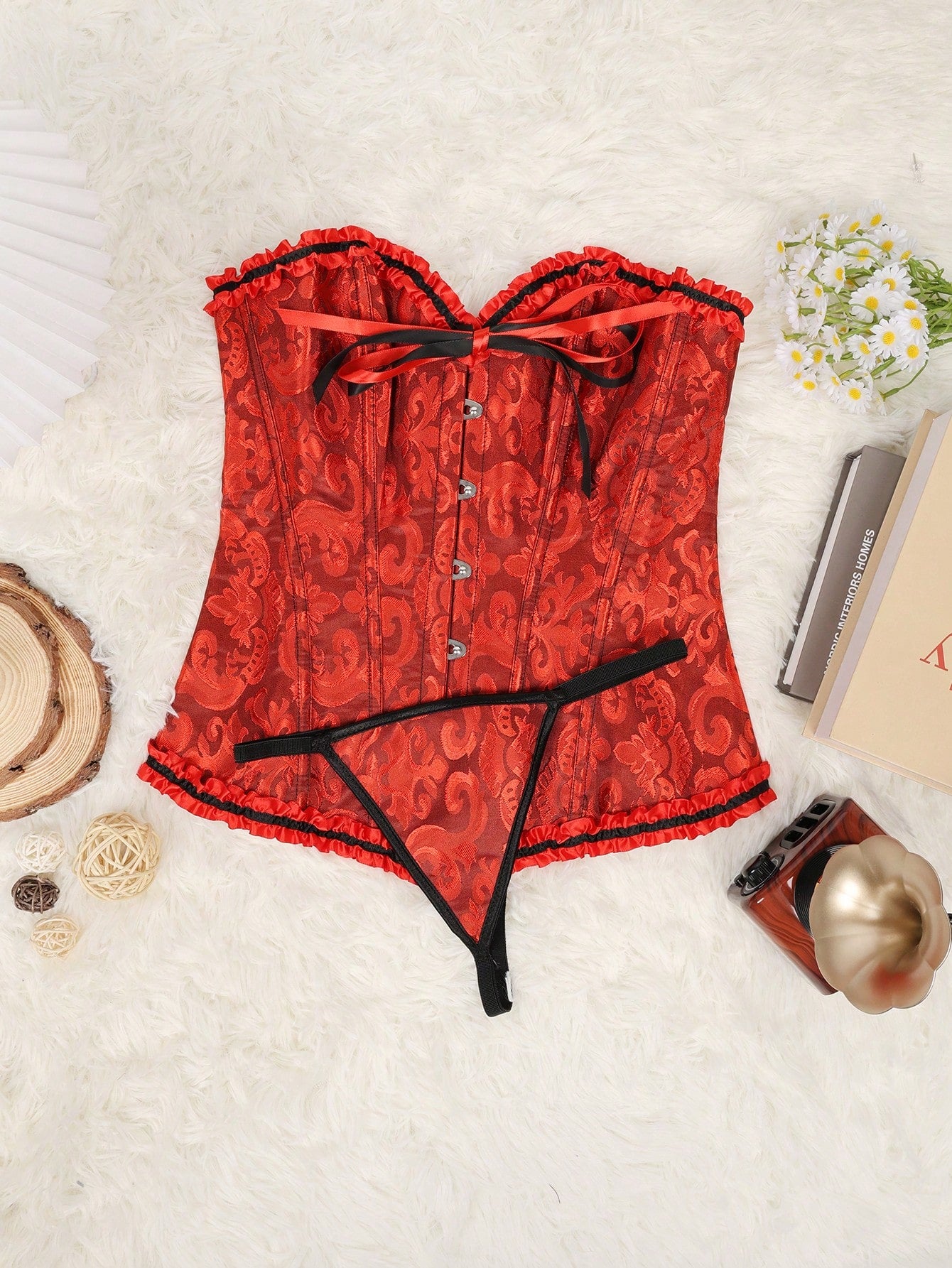 Women's Red Black Gothic Brocade Ruffle Corset Costume Top