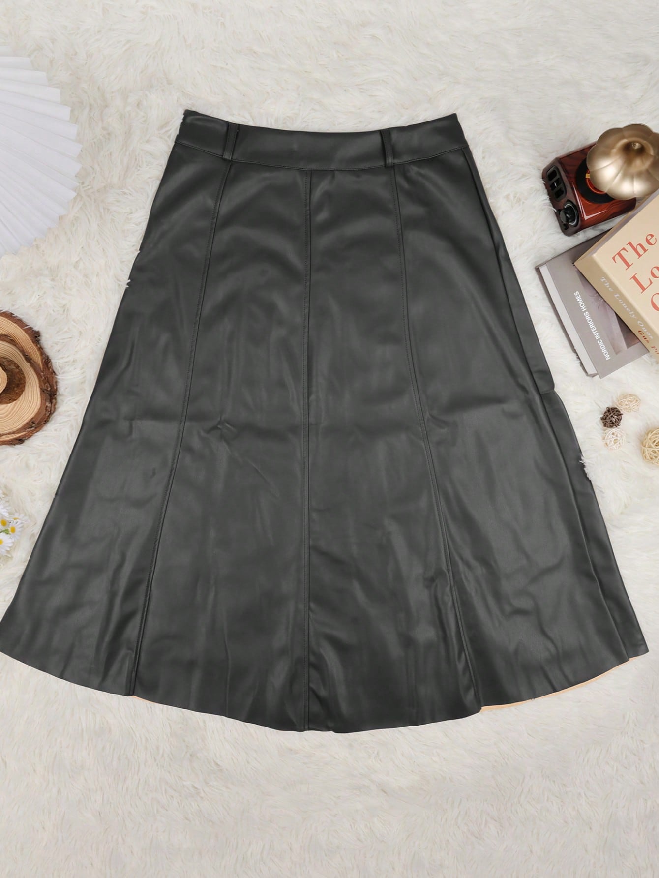 Women's Black PU Leather A-Line Skirt High Waisted Midi Faux Leather Skirt