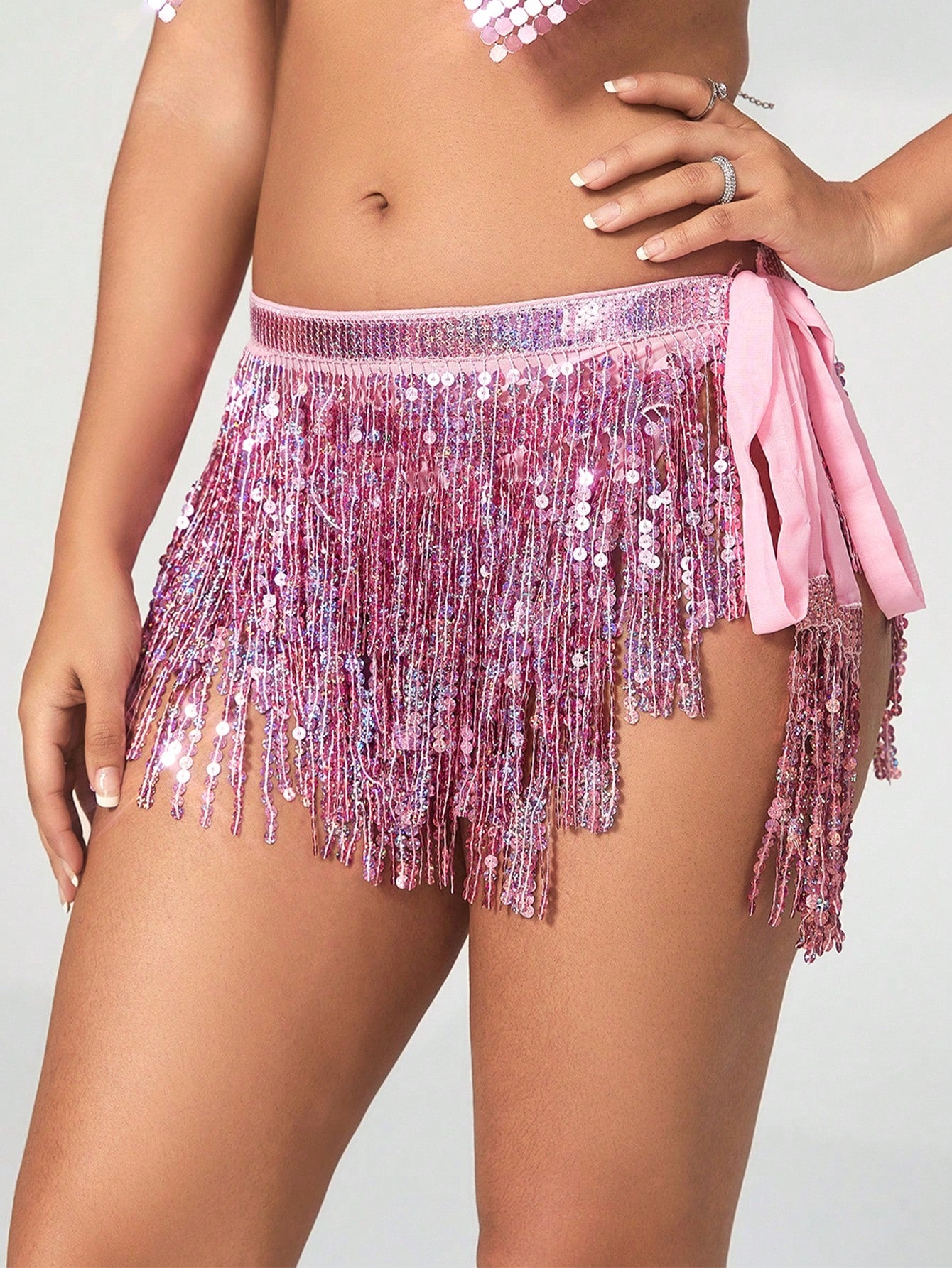 Women's Pink Sequin Fringe Mini Skirt