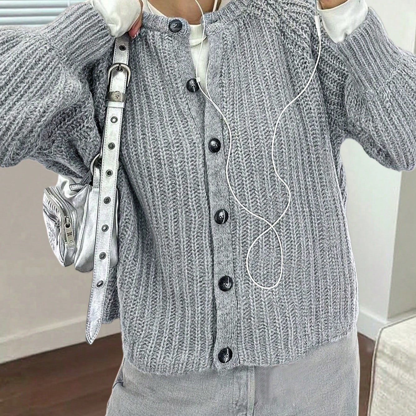Women's Casual Grey Button-Up Knit Cardigan Sweater
