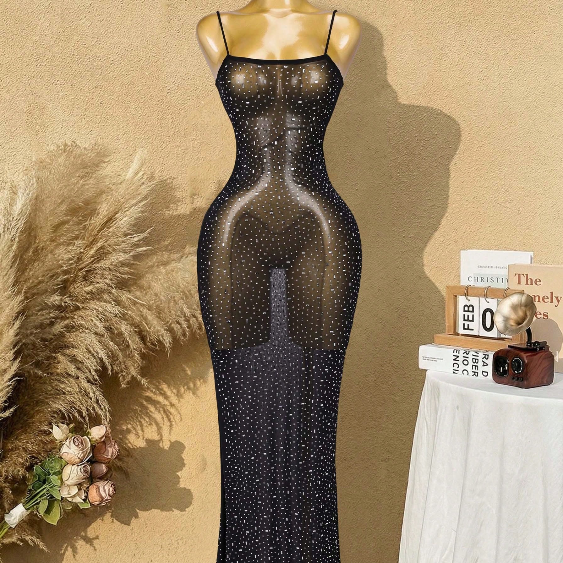 Women's Black Sheer Mesh Rhinestone Bodycon Maxi Dress with Spaghetti Straps