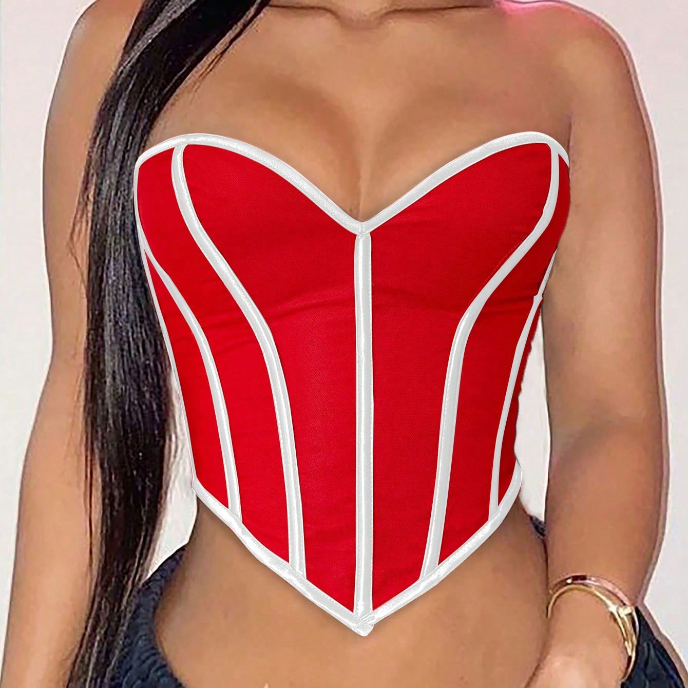 Women's Contrast Trim Bustier Crop Tops - Strapless Push-Up Corset Style Tops, Edgy Glam Party & Streetwear