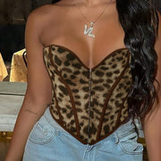Women's Leopard Print Bustier Crop Top - Push-Up Corset Style Top, Retro Glam Casual & Streetwear