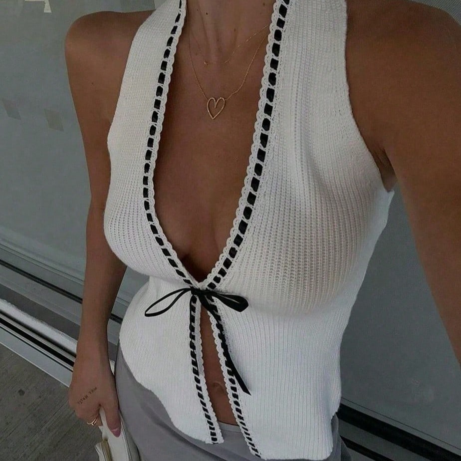 Women's White Viscose Deep V-Neck Ribbed Knit Vest with Contrast Trim and Bow
