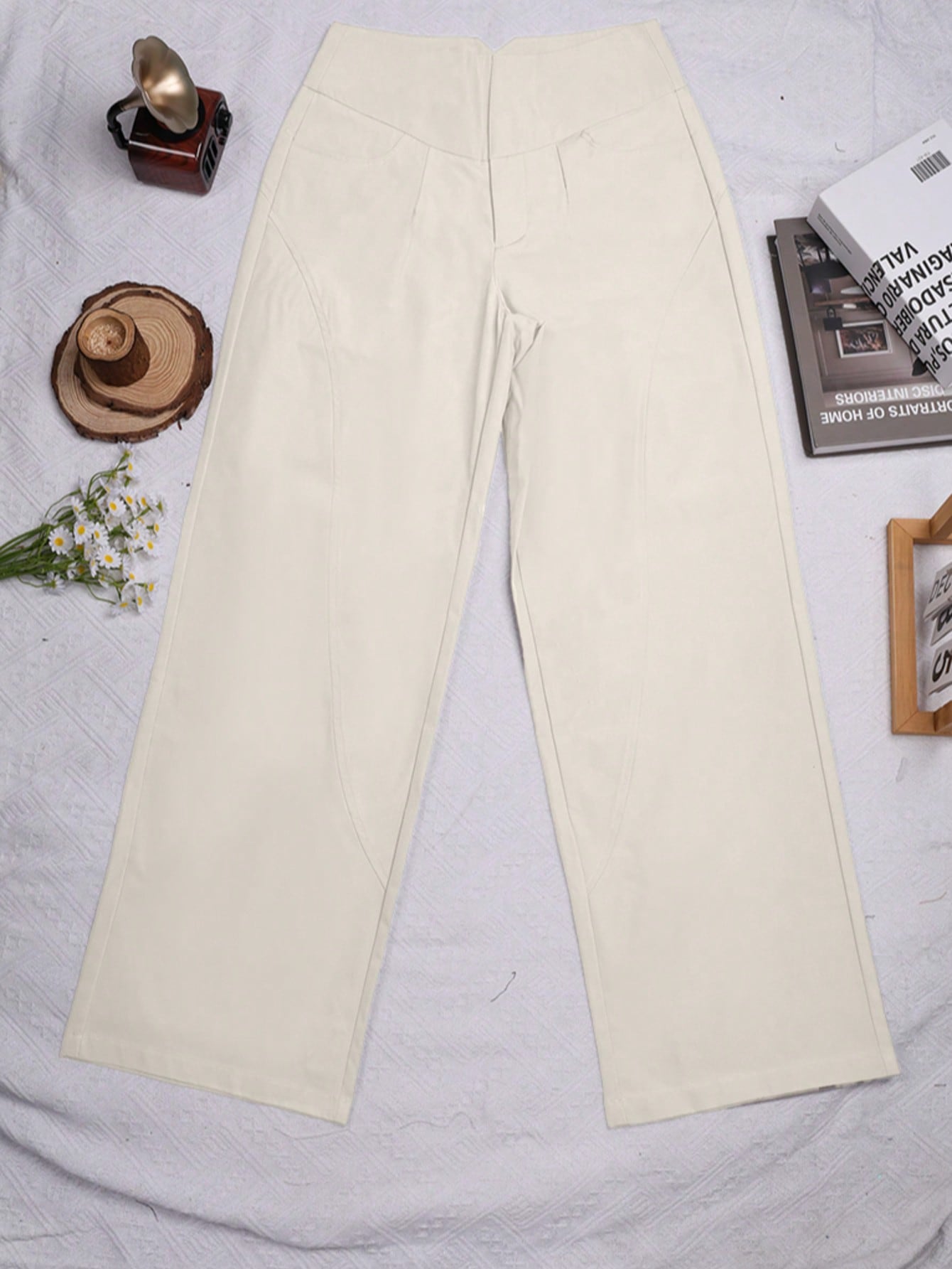 Women's High Waist Wide Leg Trousers Beige Loose Fit Casual Office Wear