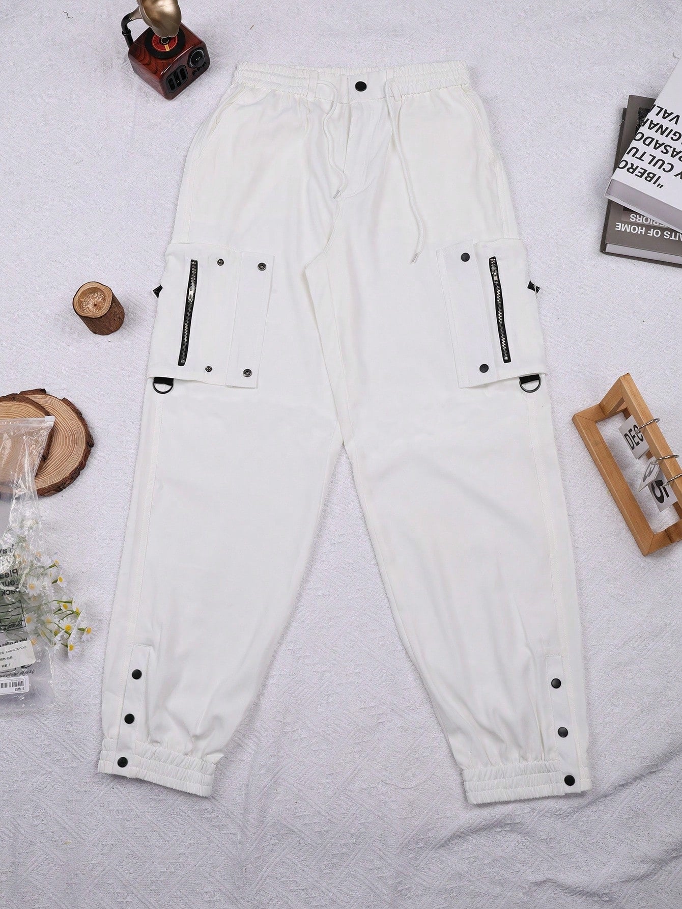 Women's White High Waist Cargo Pants Multi-Pocket Zip Detail Joggers Wholesale