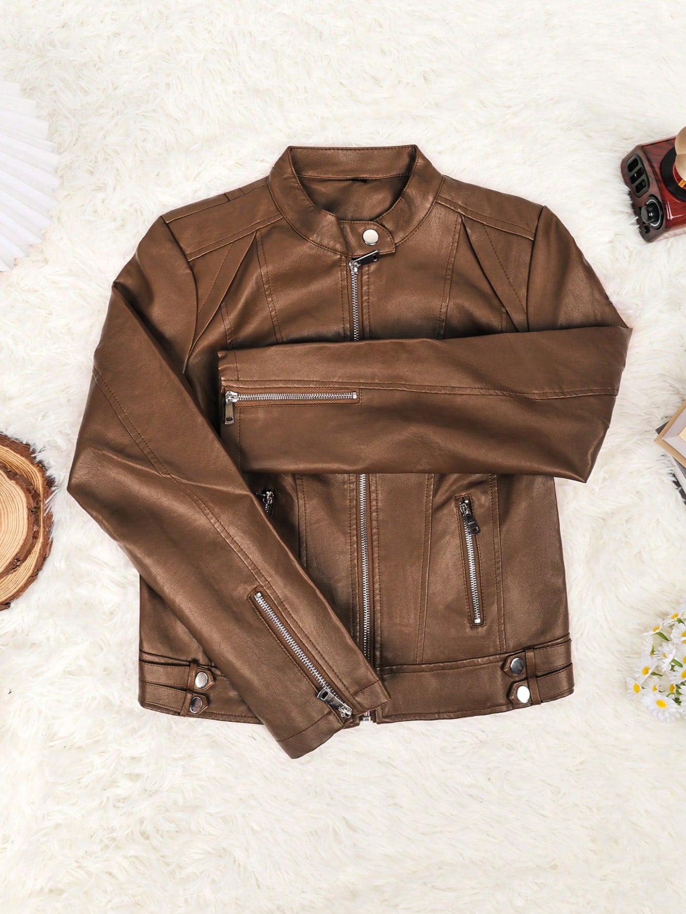 Women's Stylish Brown Faux Leather Jacket with Zipper Pockets