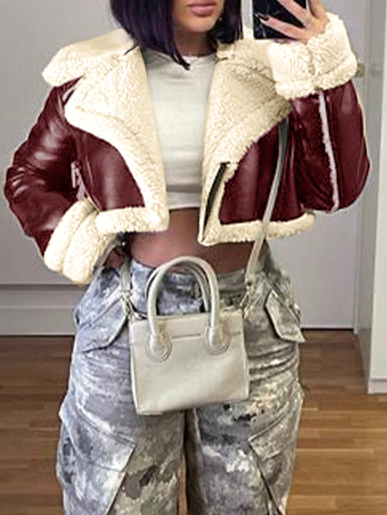 Women's Wine Red PU Leather Cropped Jacket with Faux Fur Trim Winter Coat