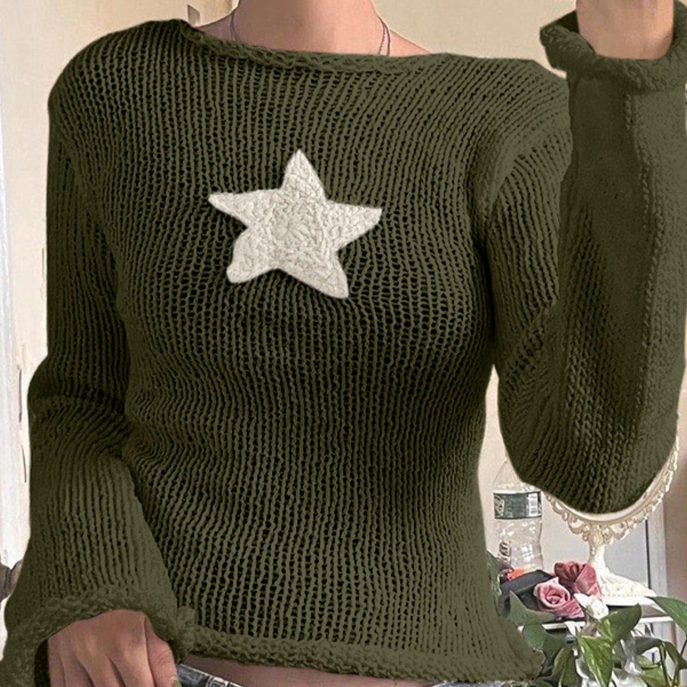 Women's Olive Green Knitted Sweater with White Star Detail, Casual Chic Cropped Pullover