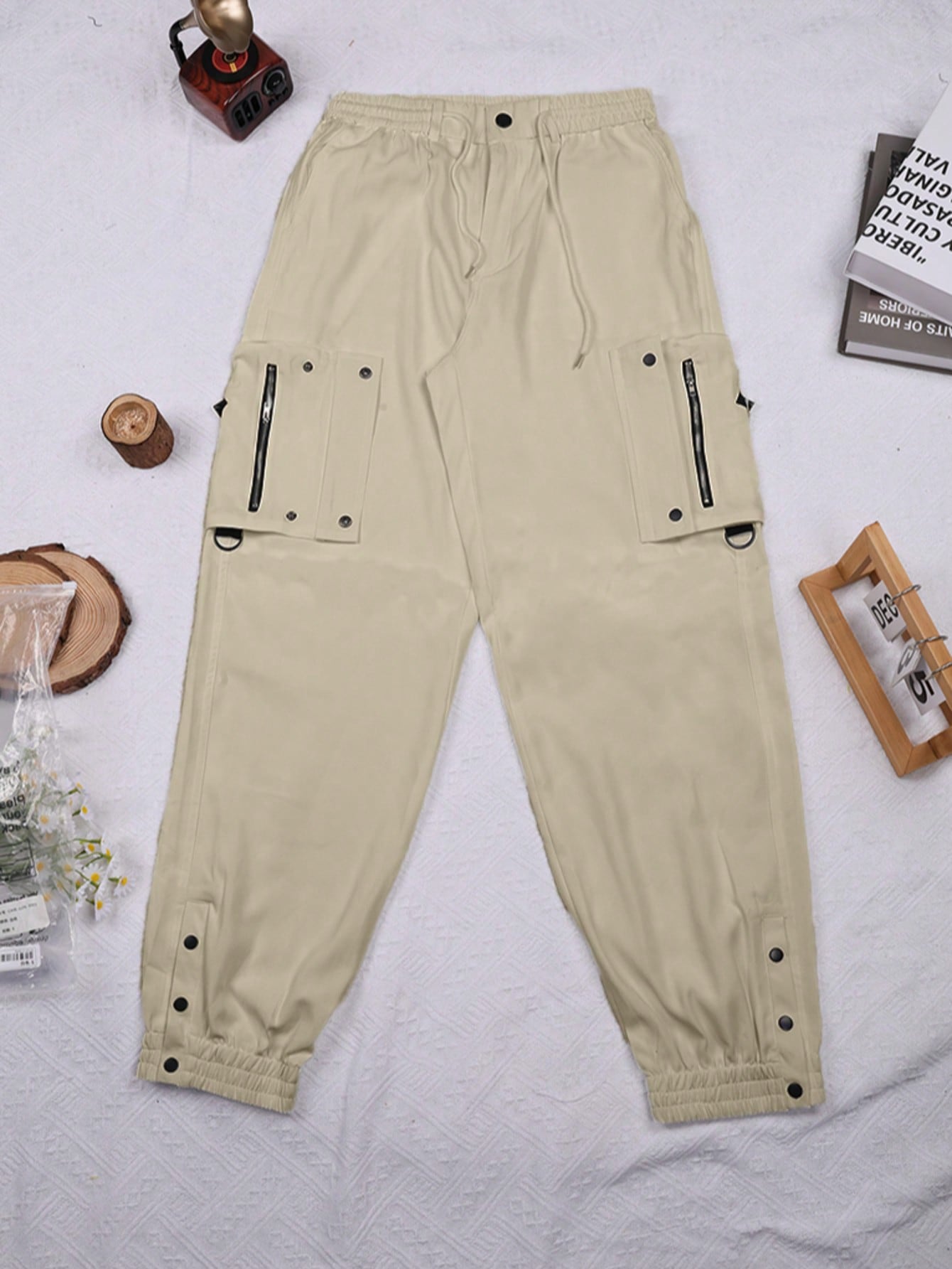 Women's Khaki High Waist Cargo Pants Multi-Pocket Zip Detail Joggers Wholesale