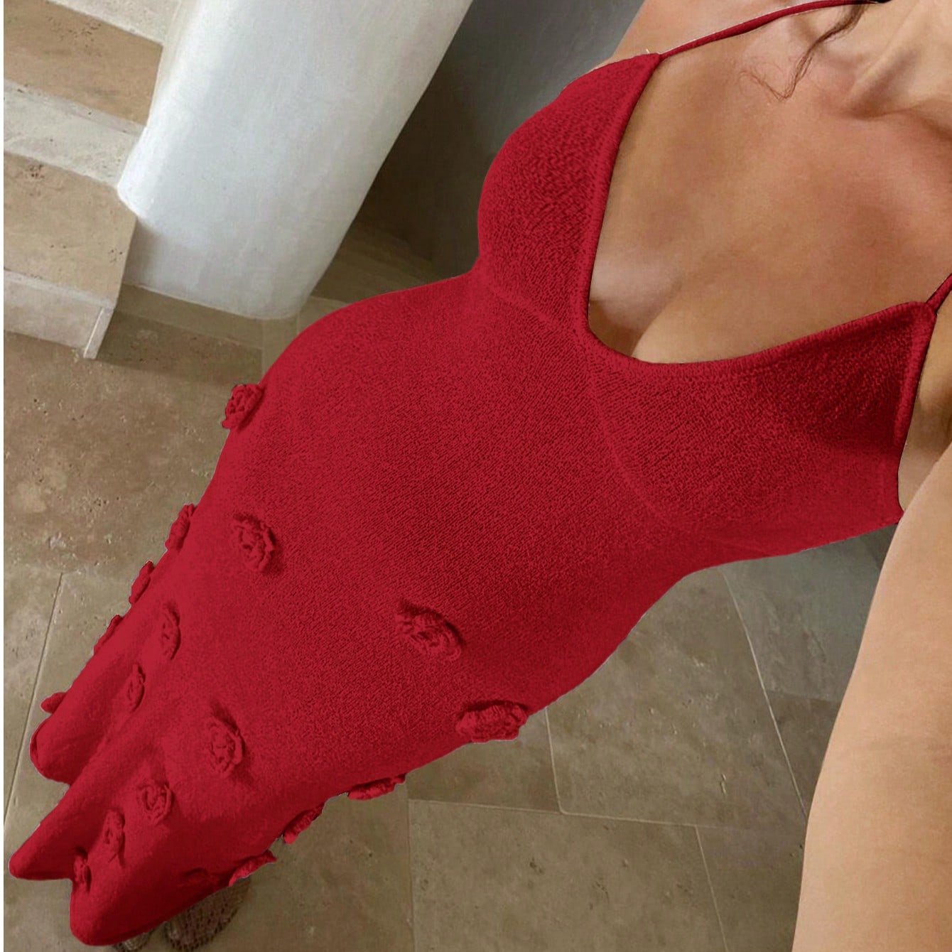 Women's Red Ribbed Knit Henley Top with Button Placket
