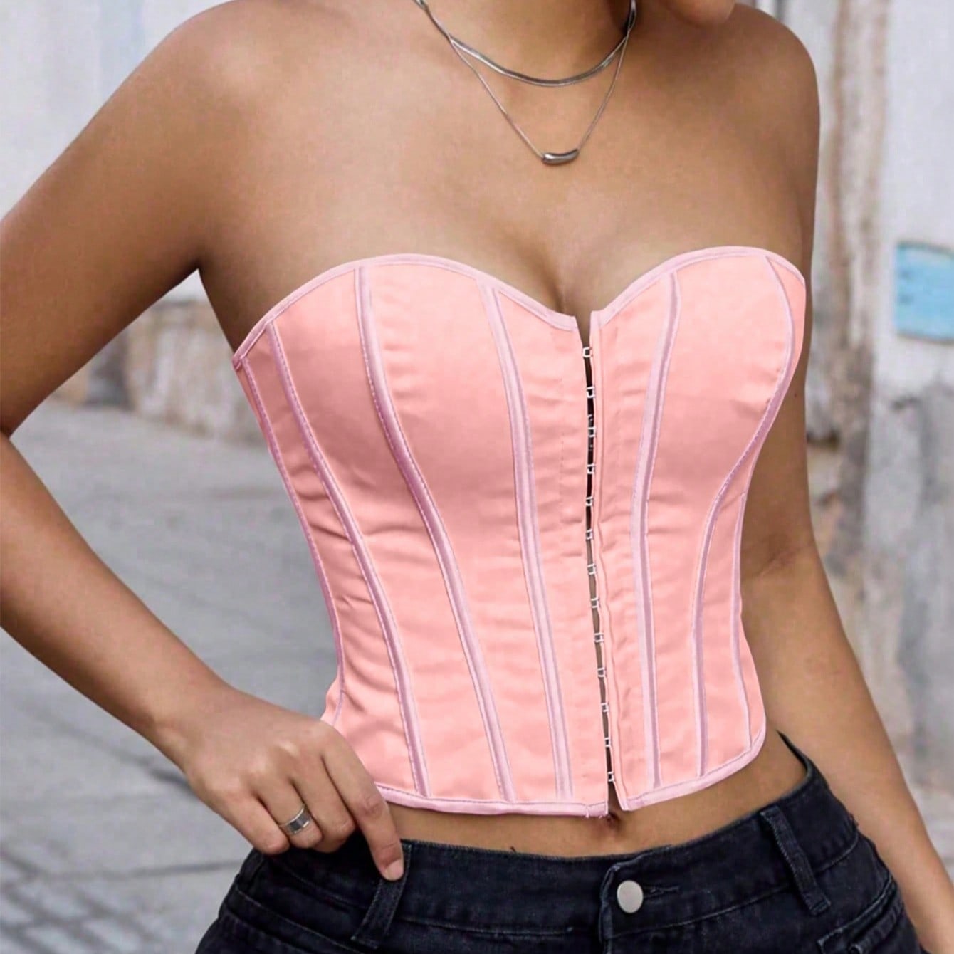 Women's Pink Check Plaid Strapless Corset Bustier
