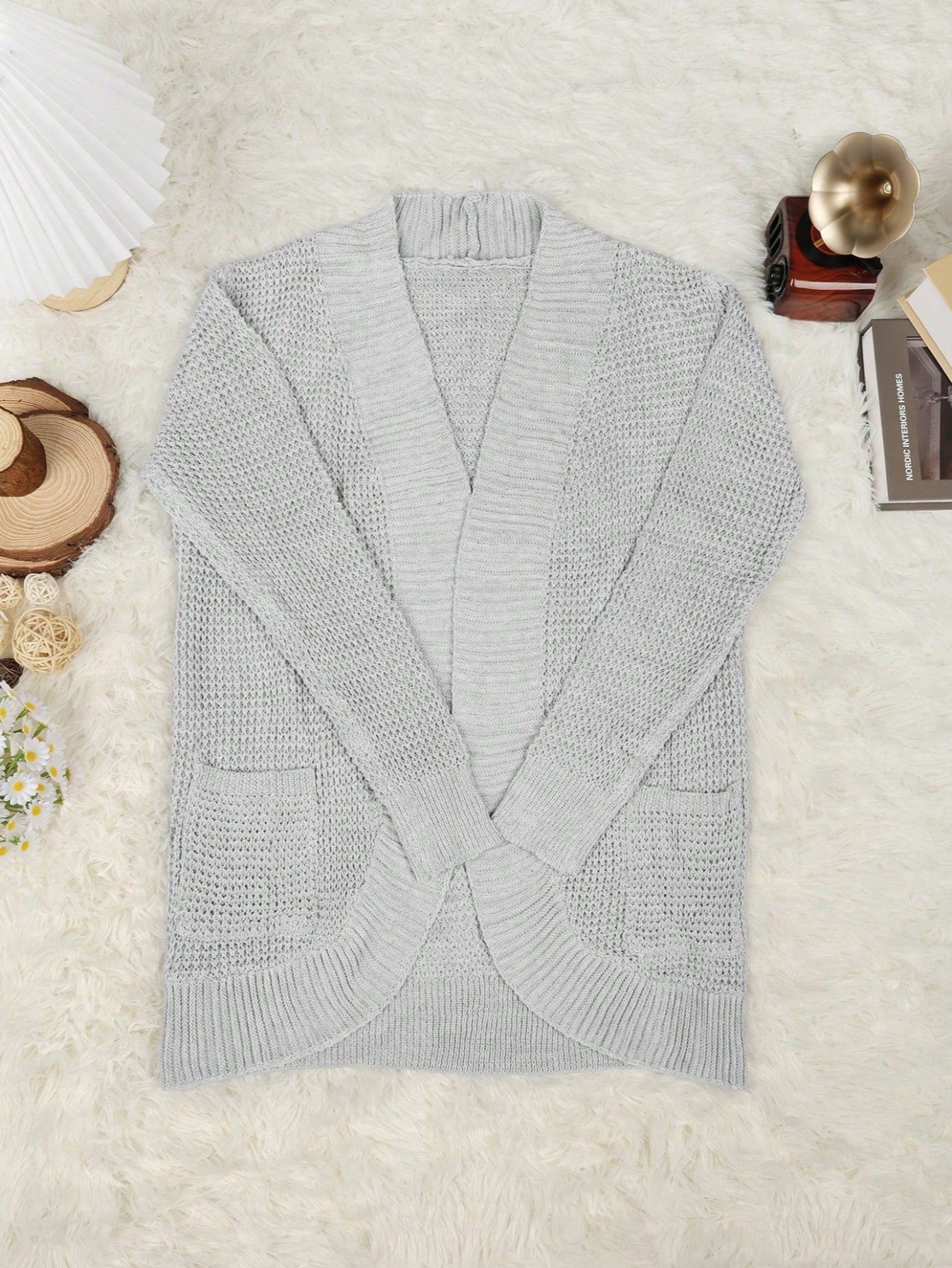 Women's Oversized Grey Open Front Knit Cardigan with Pockets