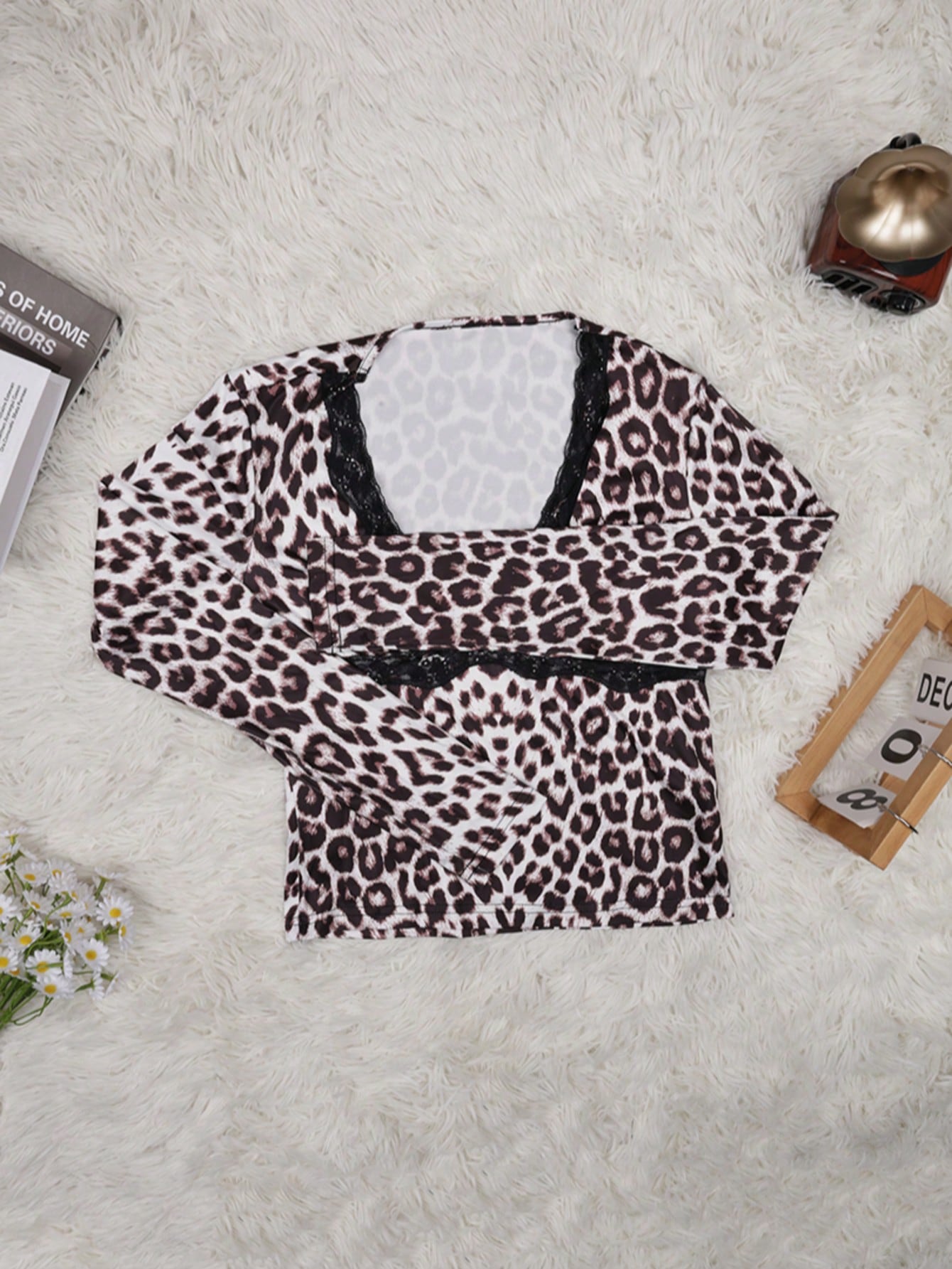 Women's Women Sexy Brown Leopard Print V Neck Long Sleeve Top Lace Trim Tee