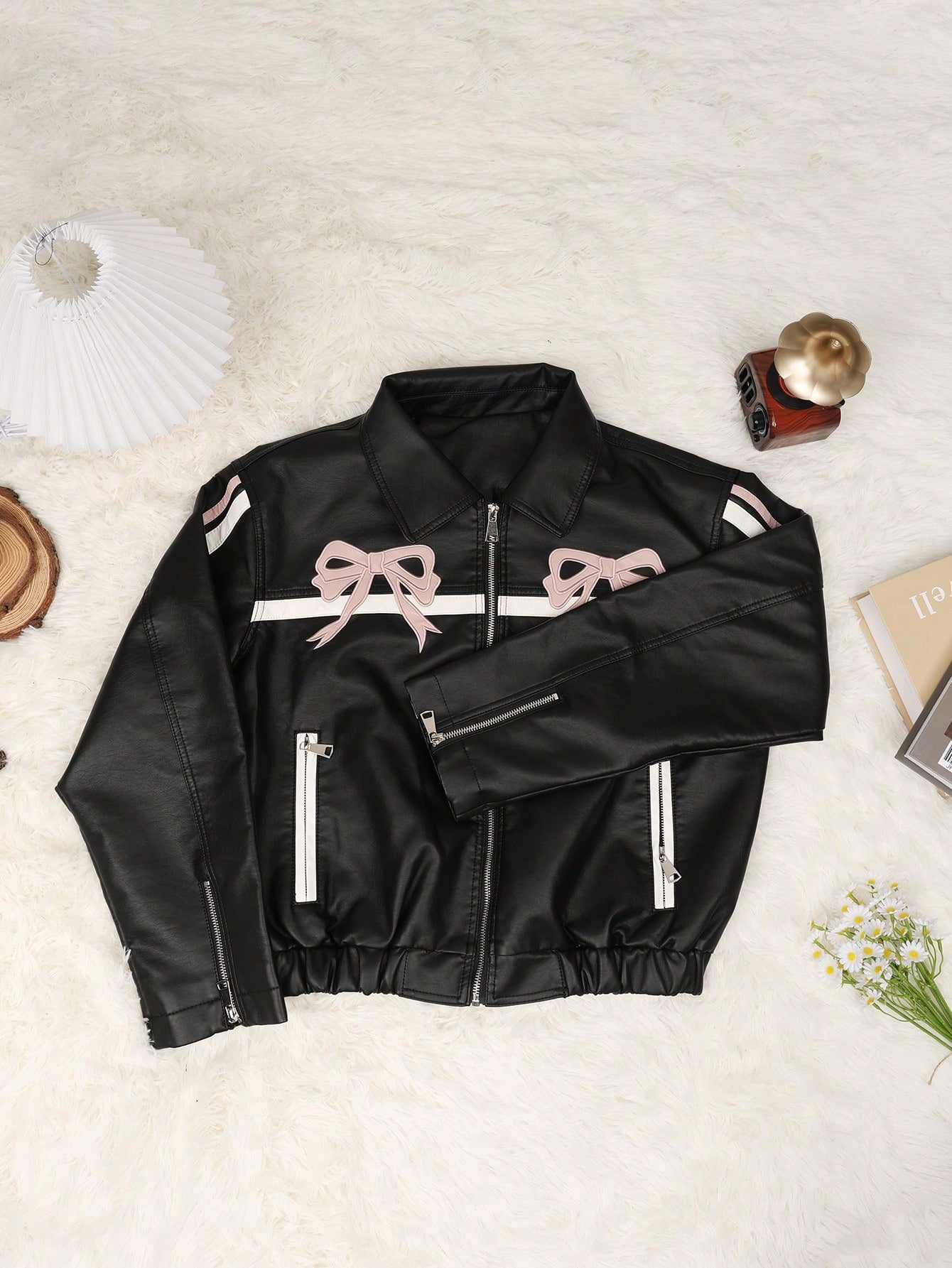 Women's Black PU Leather Bow Graphic Zip-Up Bomber Jacket