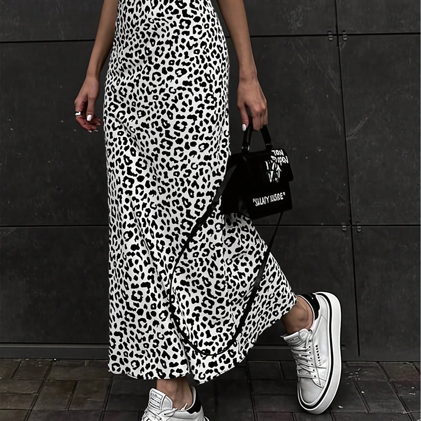Women's Black and White Leopard Print High Waist Maxi Skirt