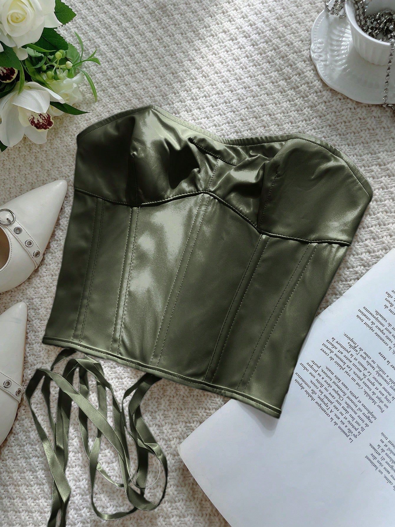 Women's Army Green Faux Leather Bustier corset top with strapless