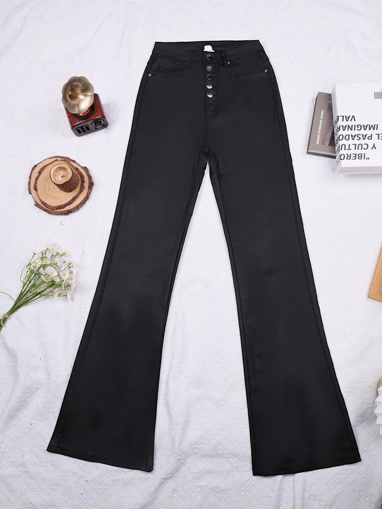 Women's Black Multi-Button High-Waisted Faux Leather Skinny Pants