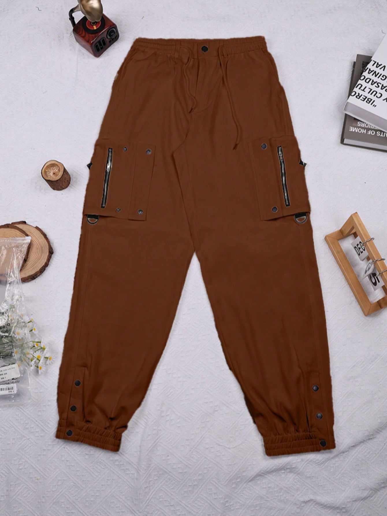 Women's Brown Cargo Jogger Pants with Drawstring