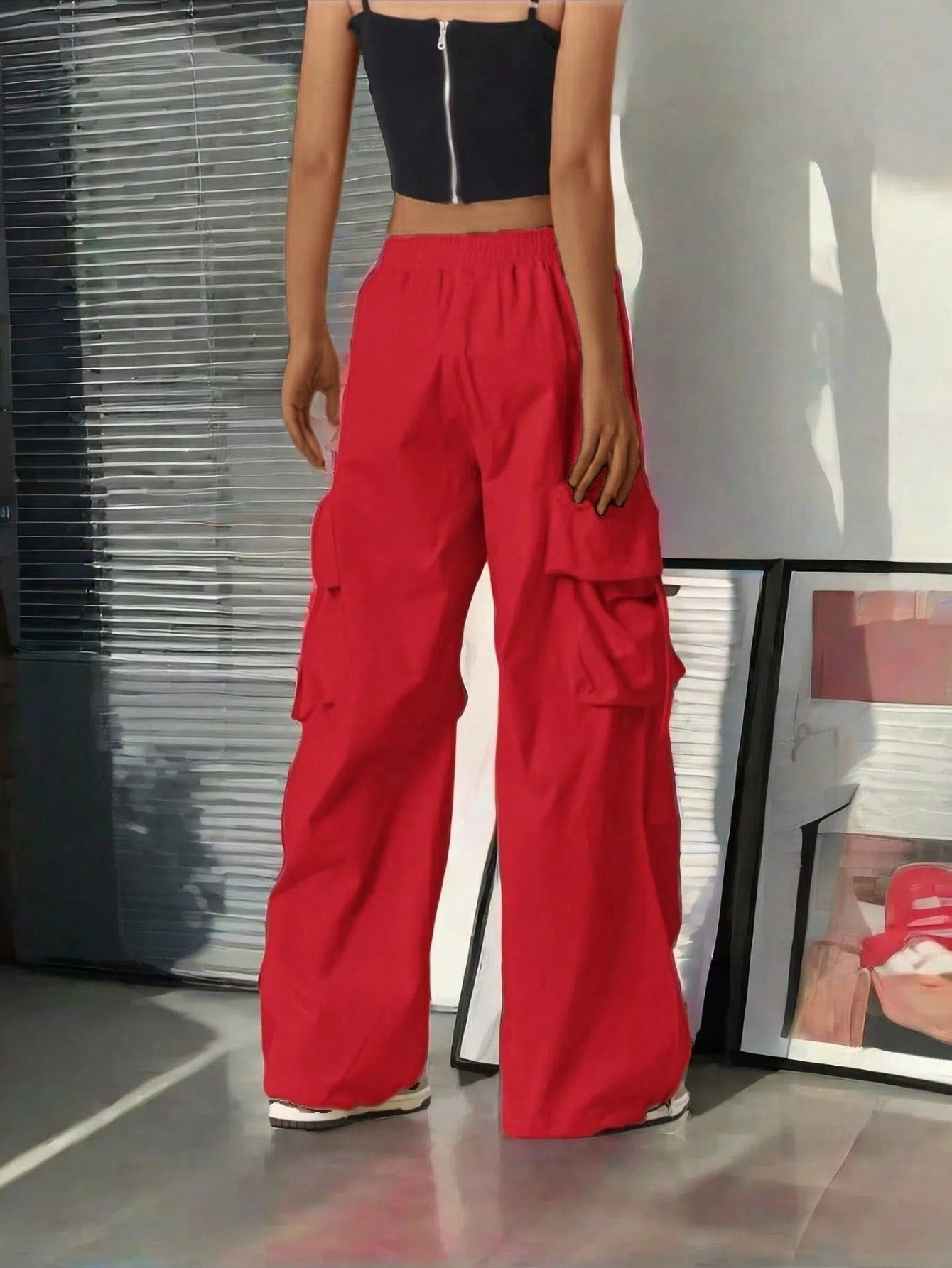 Women's Red Cotton Full-length cargo pants with cargo pockets