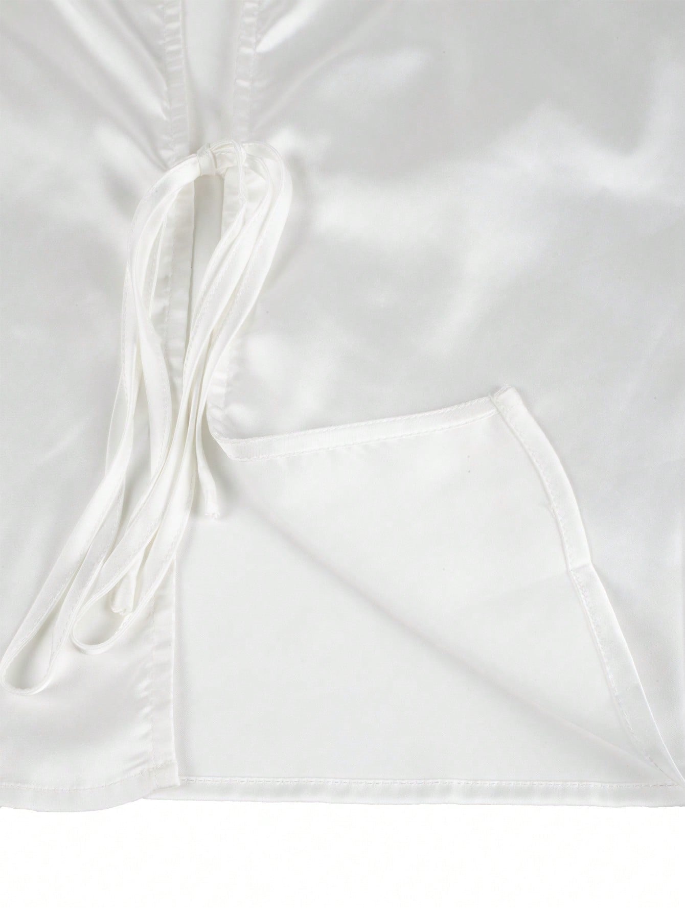 Women's White Satin Tie-Front V-Neck Top with Long Sleeves
