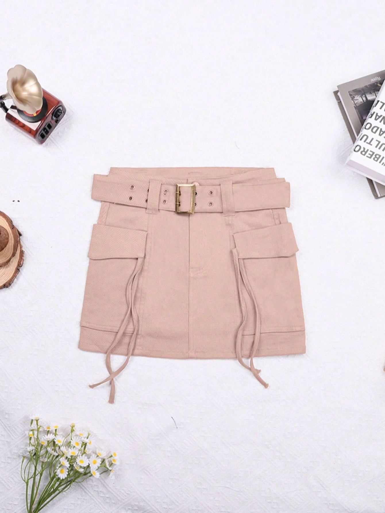Women's Pink High Waist Cargo Denim Mini Skirt with Belt