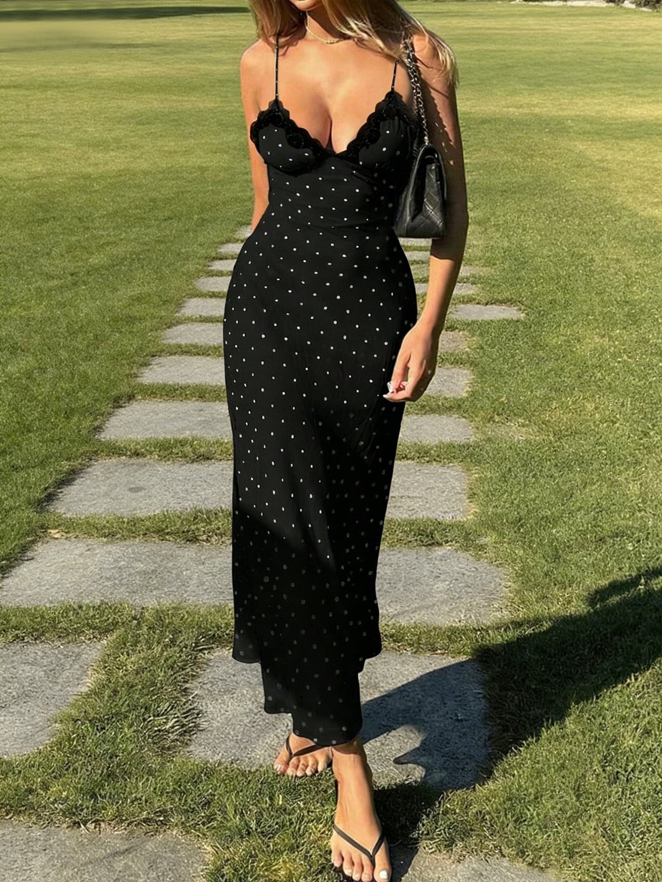 Women's Black Polka Dot Slip Maxi Dress with Lace Neckline
