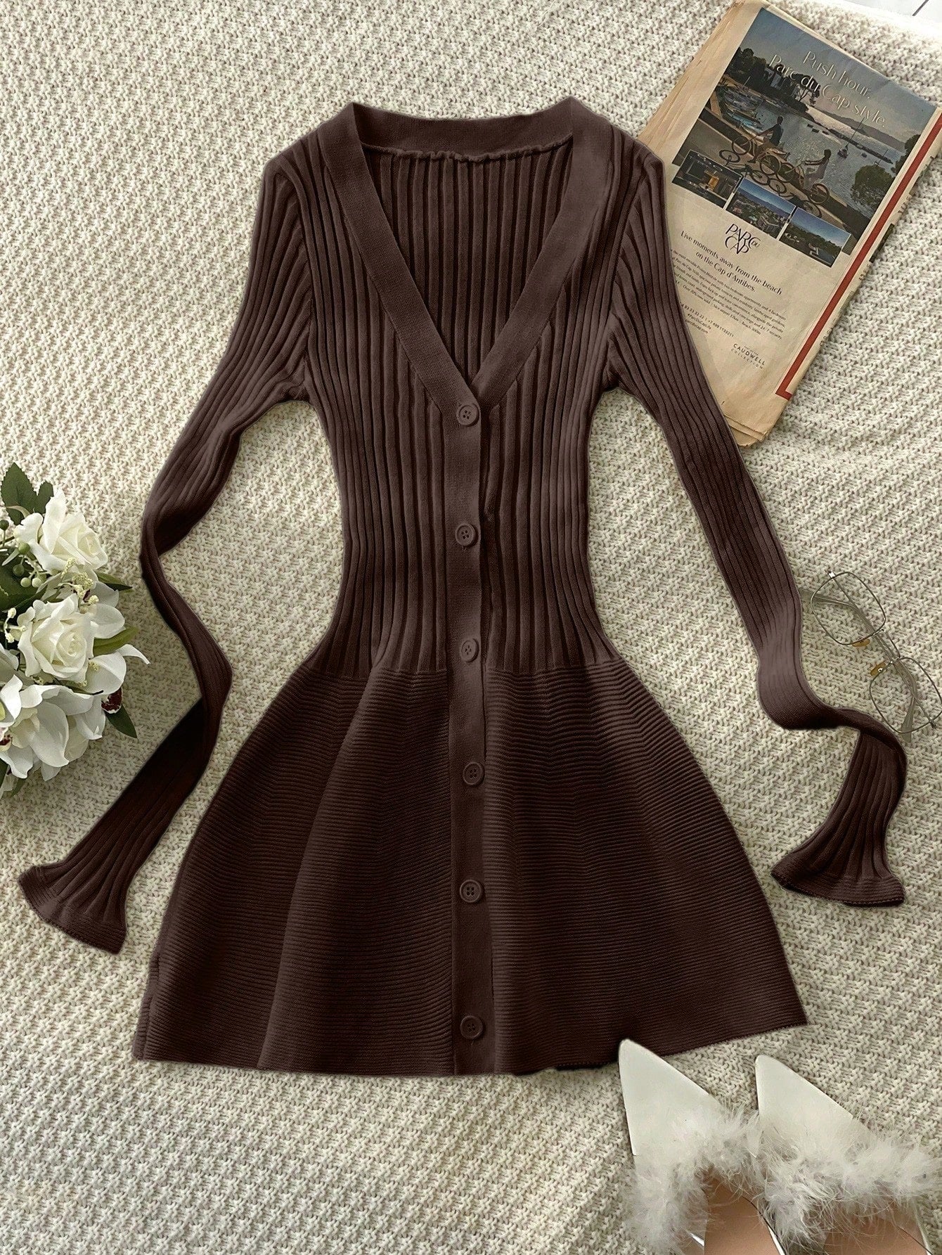 Women's Brown Ribbed Knit Midi bodycon dress with sleeveless