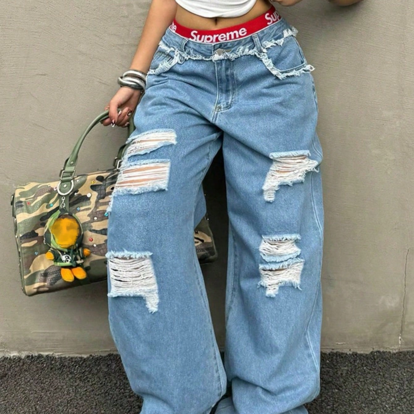 Women's Light Blue Distressed Wide-Leg Ripped Denim Jeans
