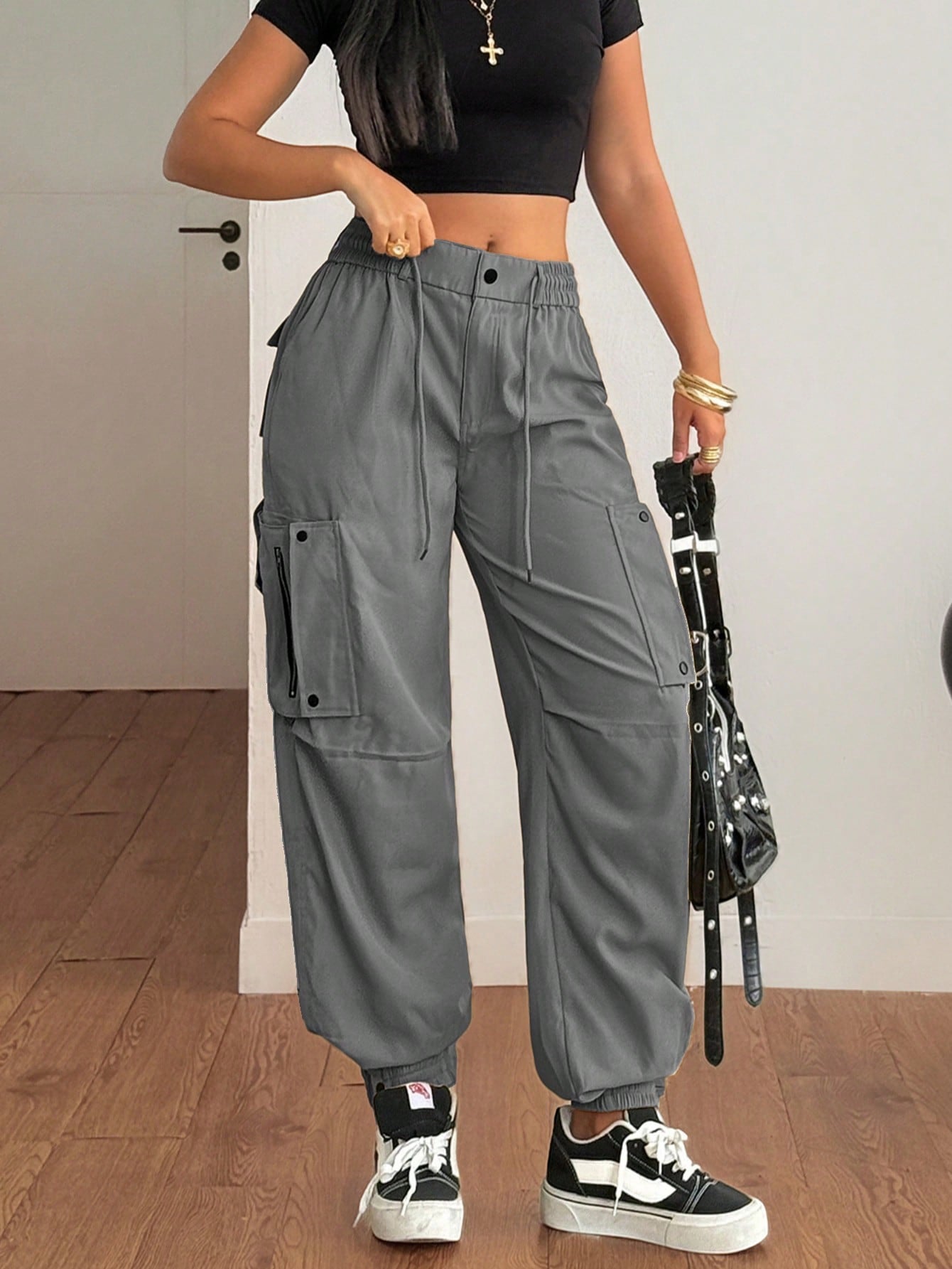 Women's Dark Grey High Waisted Zipper Detail Cargo Pants Streetwear Trousers