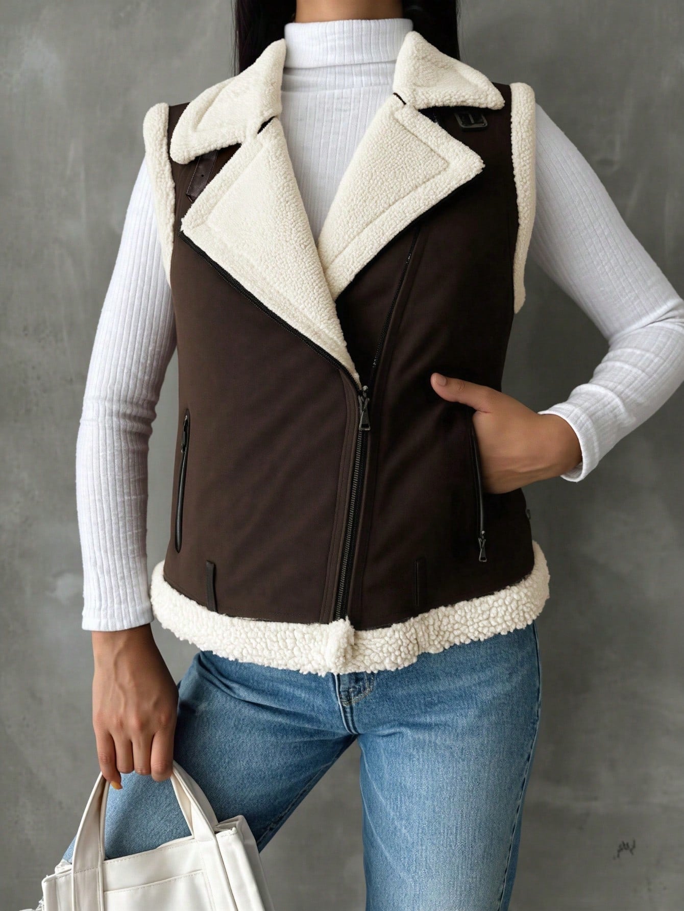 Women's Trendy Two-Tone Brown and White Shearling-Lined Biker Jacket