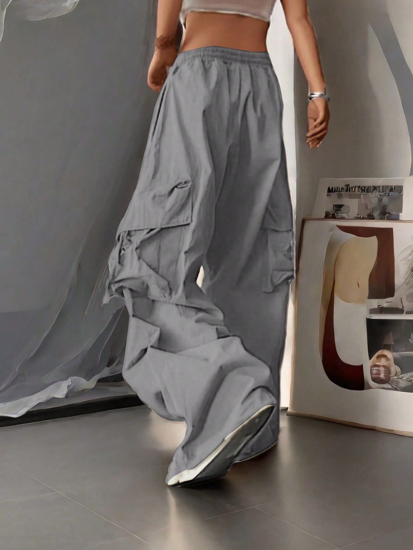 Women's Gray Cotton Full-length cargo pants with cargo pockets