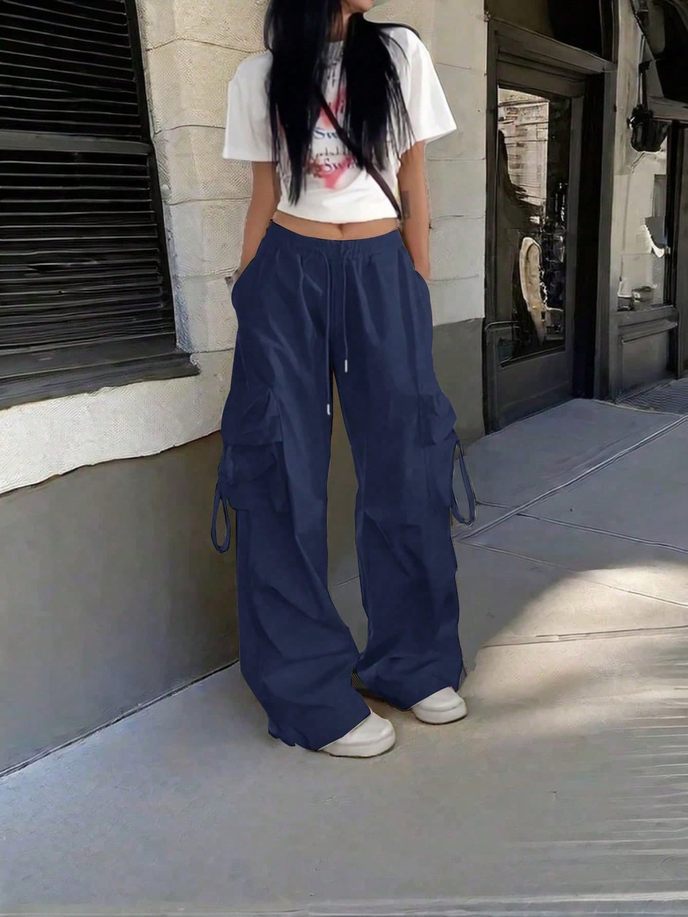 Women's Navy Blue Cotton Full-length cargo pants with cargo pockets