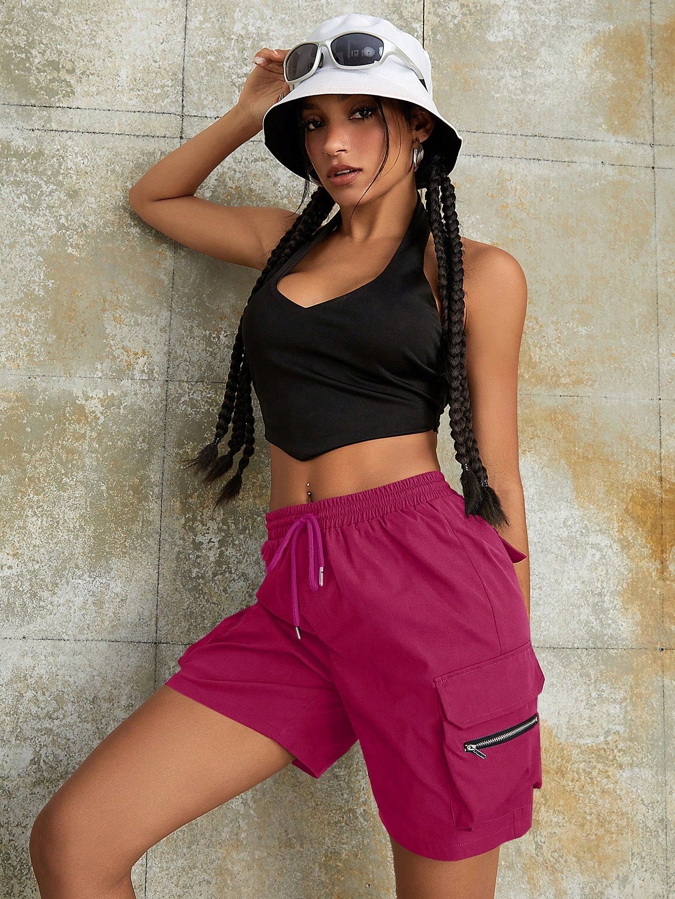 Women's Rose Red Elastic Waist Cargo Shorts with Zip Pockets