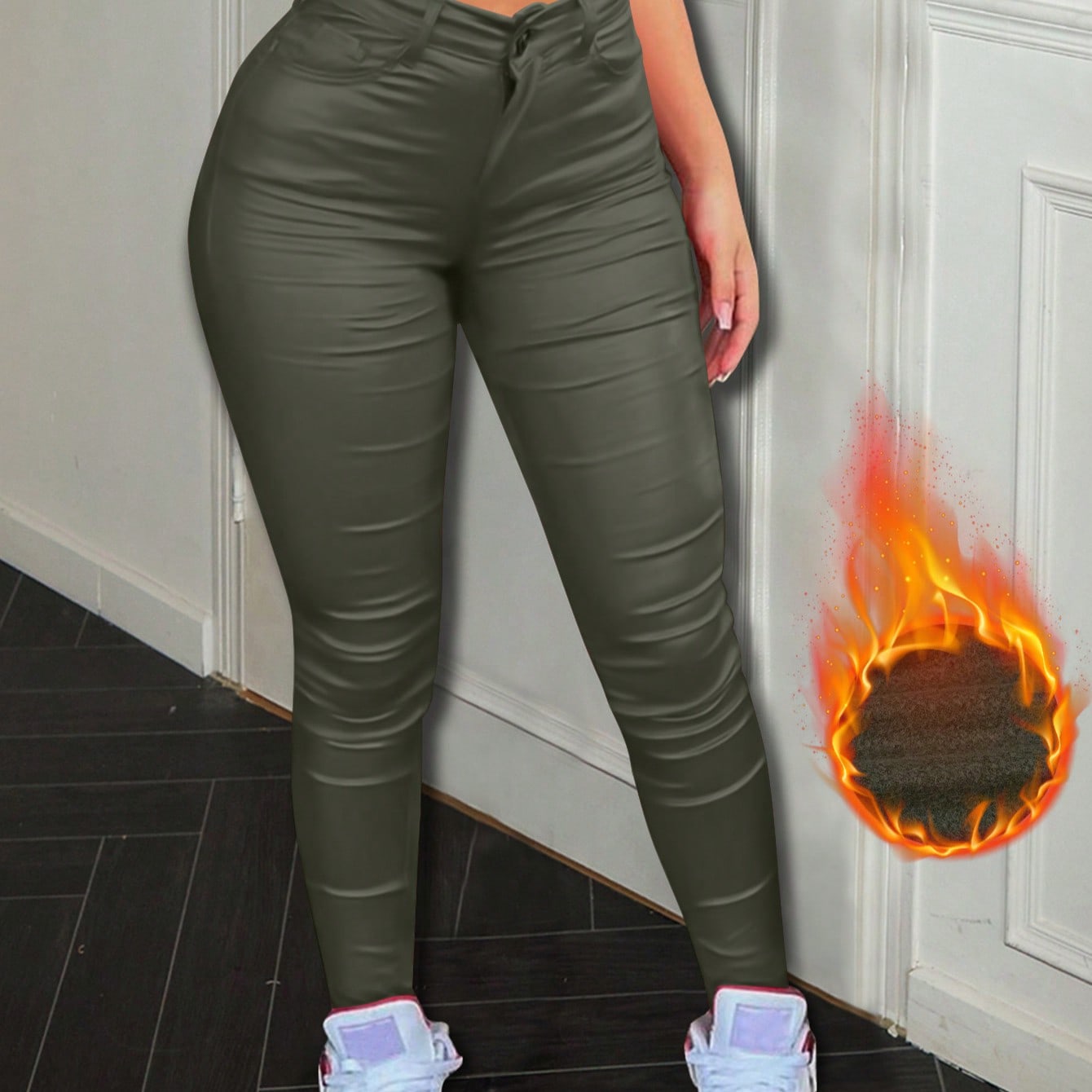 Women's Olive Green High-Waisted Skinny Faux Leather Pants