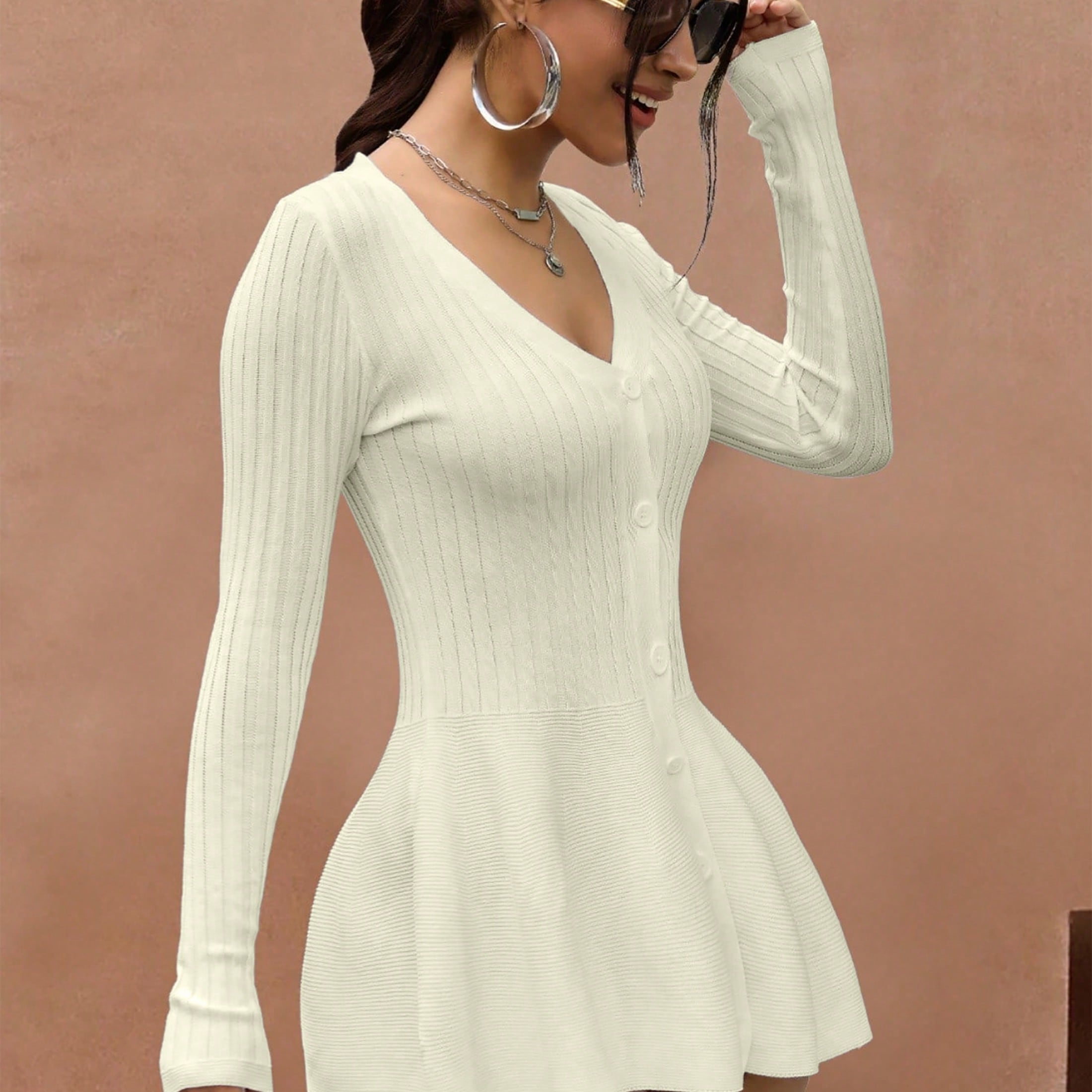 Women's Apricot Ribbed Knit Midi bodycon dress with sleeveless