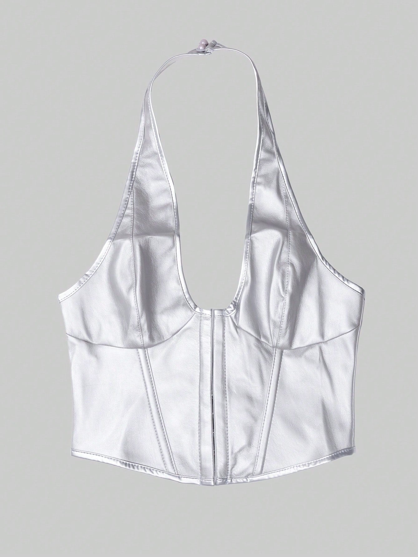 Women's Sexy Silver Metallic PU Leather Corset Top Halter Neck Backless Party Vest