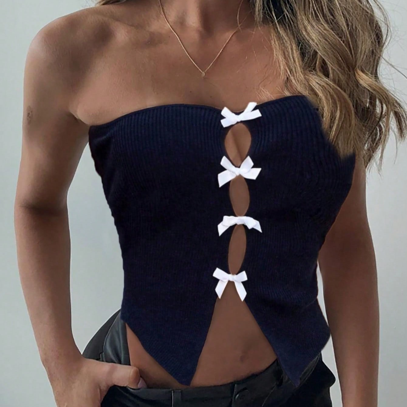 Women's Women Sexy Black Strapless Tube Top with Bow Tie Cut Out Detail