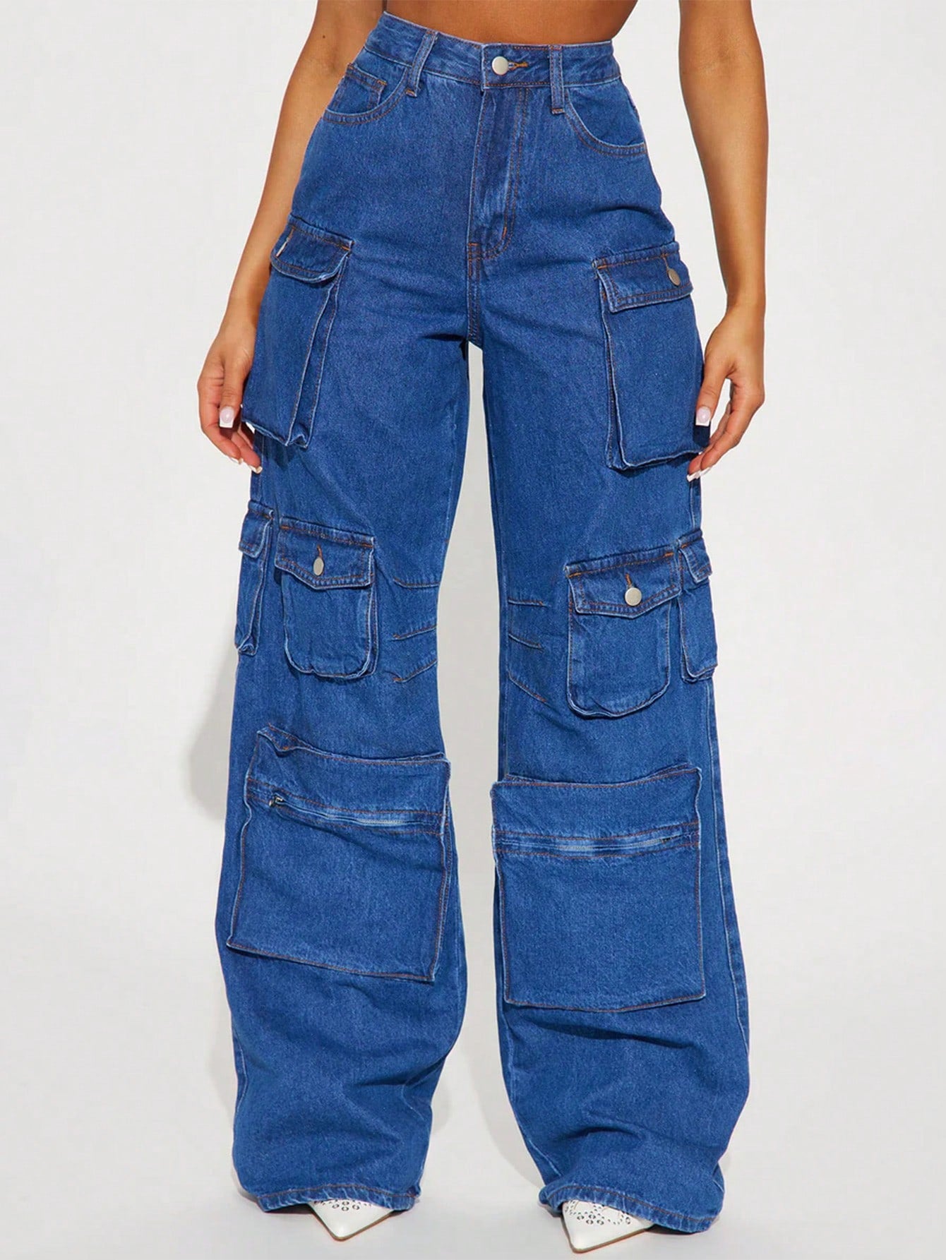 Women's Blue Baggy Cargo Jeans, High-Waisted Wide-Leg Denim Pants with Multiple Pockets for Street Style