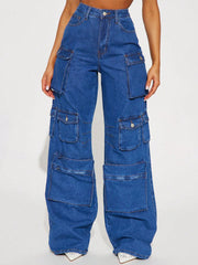 Women's Blue Baggy Cargo Jeans, High-Waisted Wide-Leg Denim Pants with Multiple Pockets for Street Style