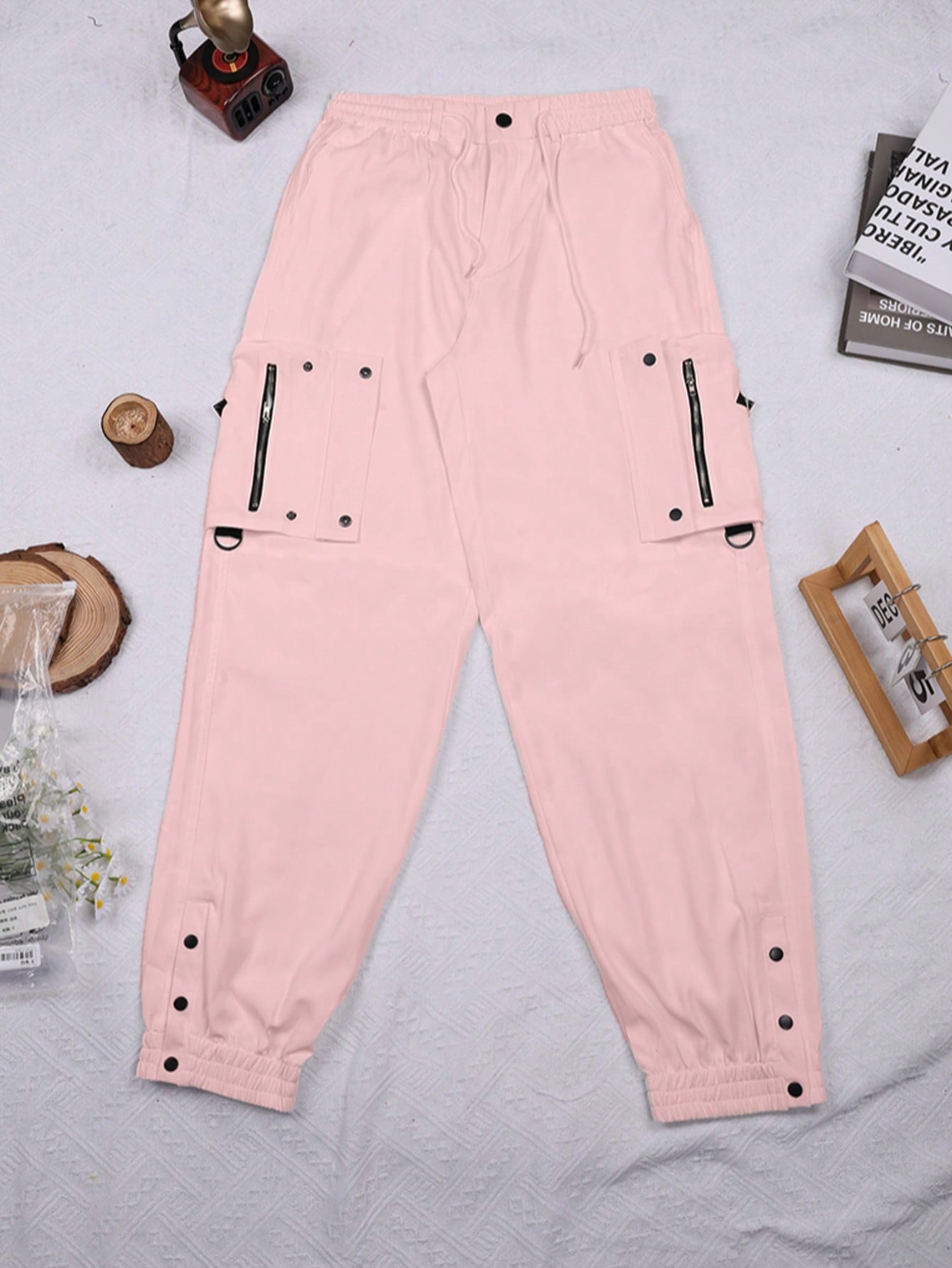 Women's Pink High Waisted Zipper Detail Cargo Pants Harajuku Streetwear Trousers
