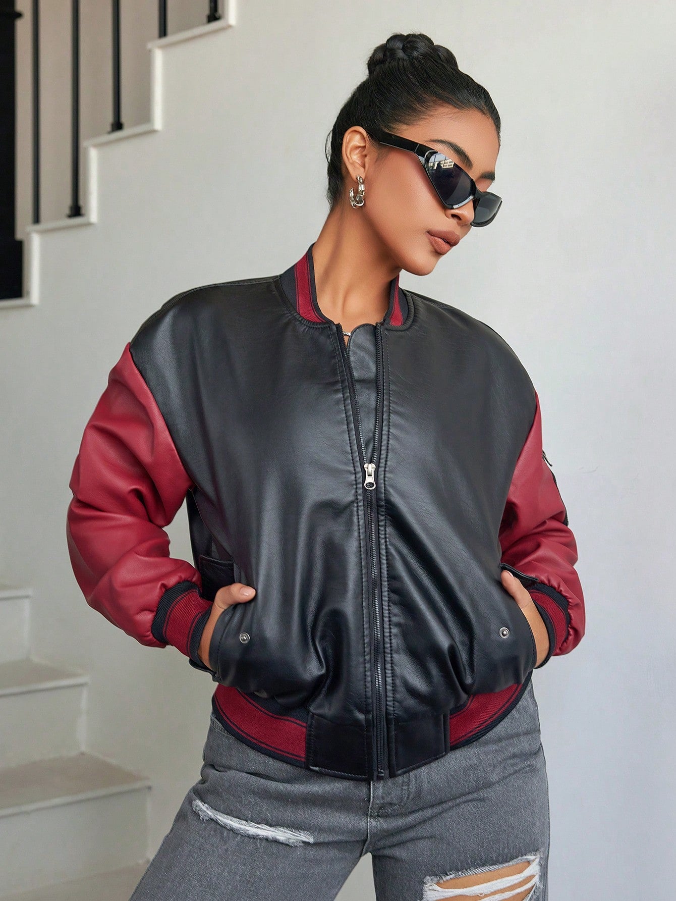 Women's Black & Red Color-Block Bomber Jacket - Edgy Casual & Streetwear Statement Outerwear
