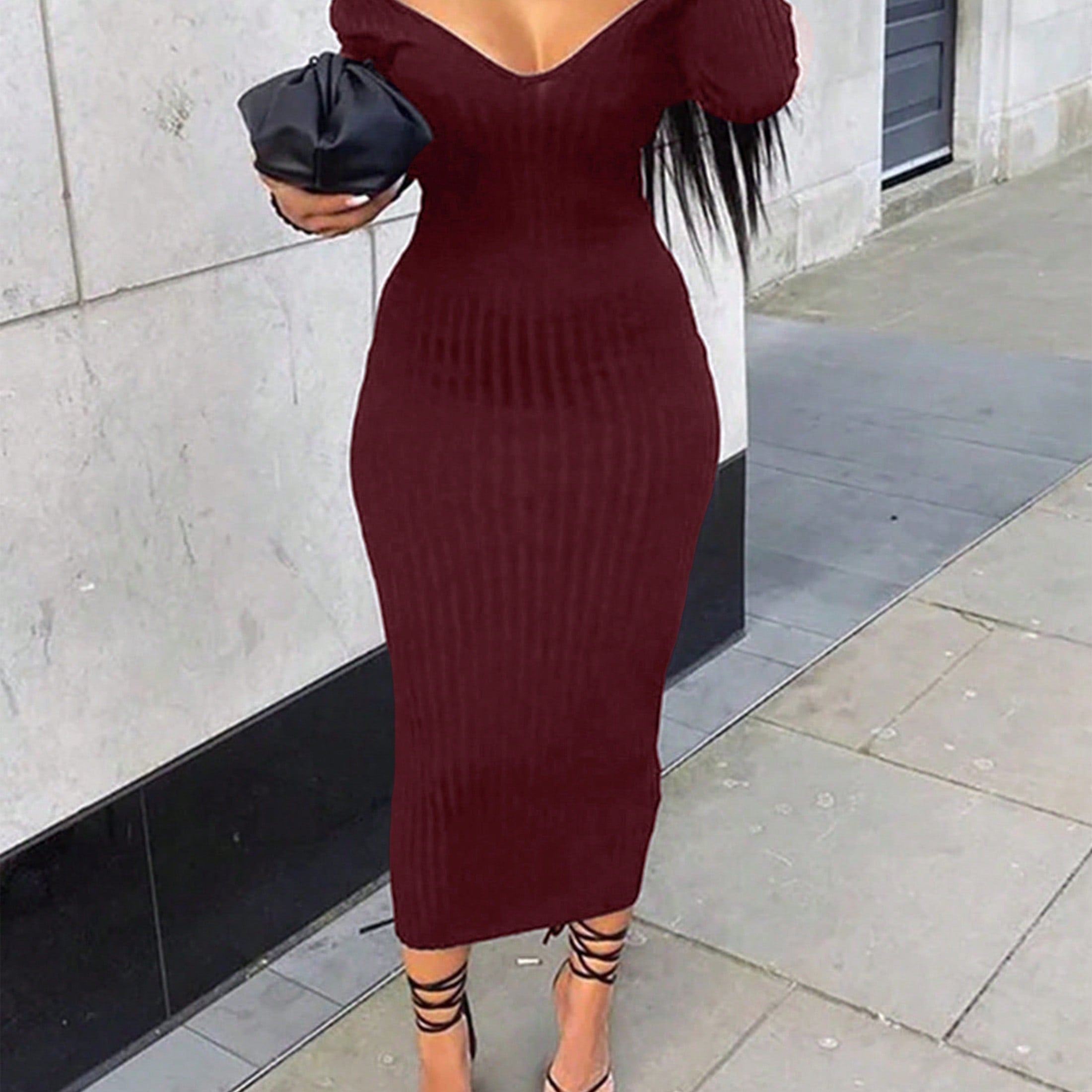 Women's Wine Red Ribbed Knit Midi bodycon dress with sleeveless