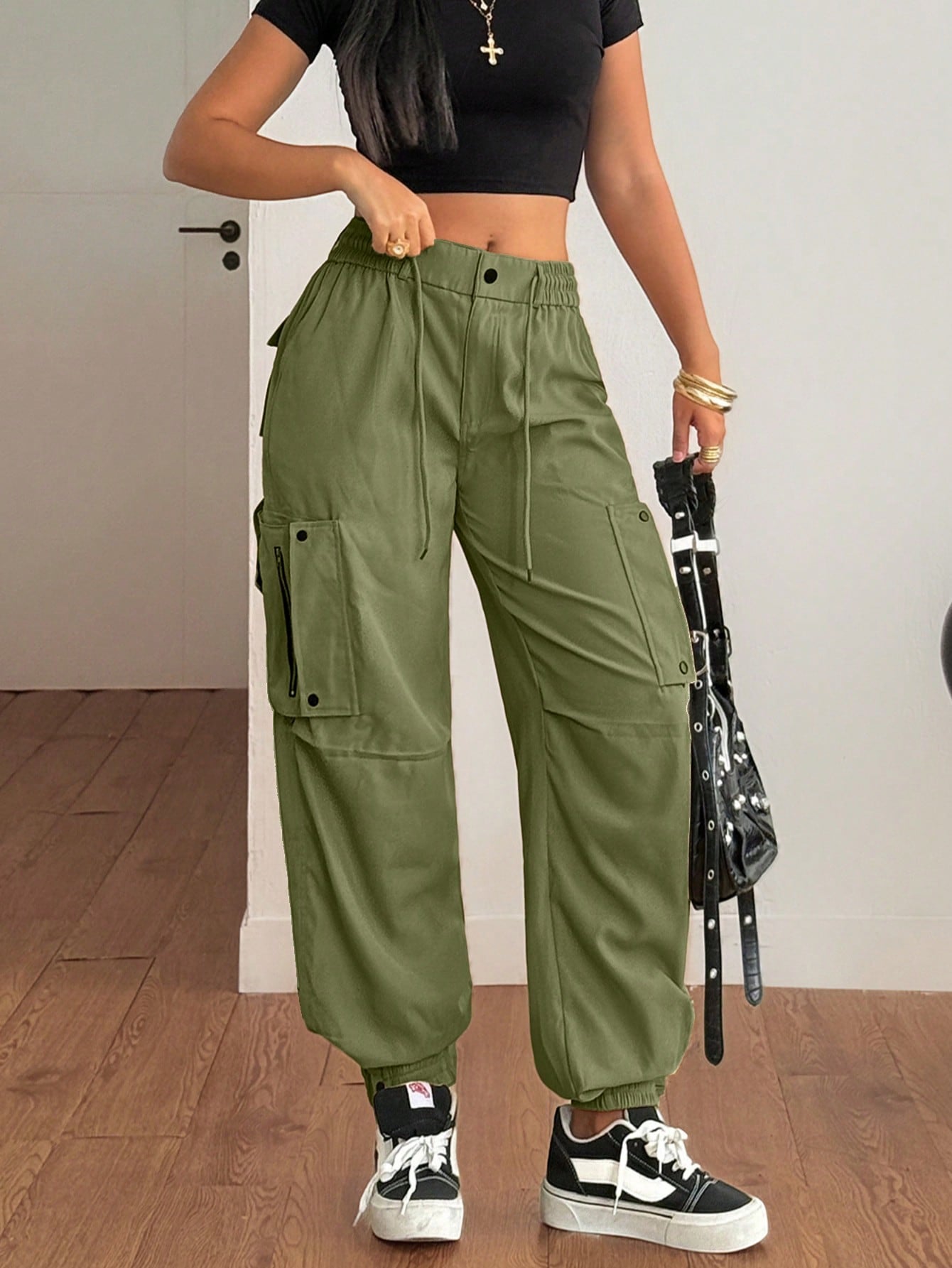Women's Army Green High Waisted Zipper Detail Cargo Pants Streetwear Trousers