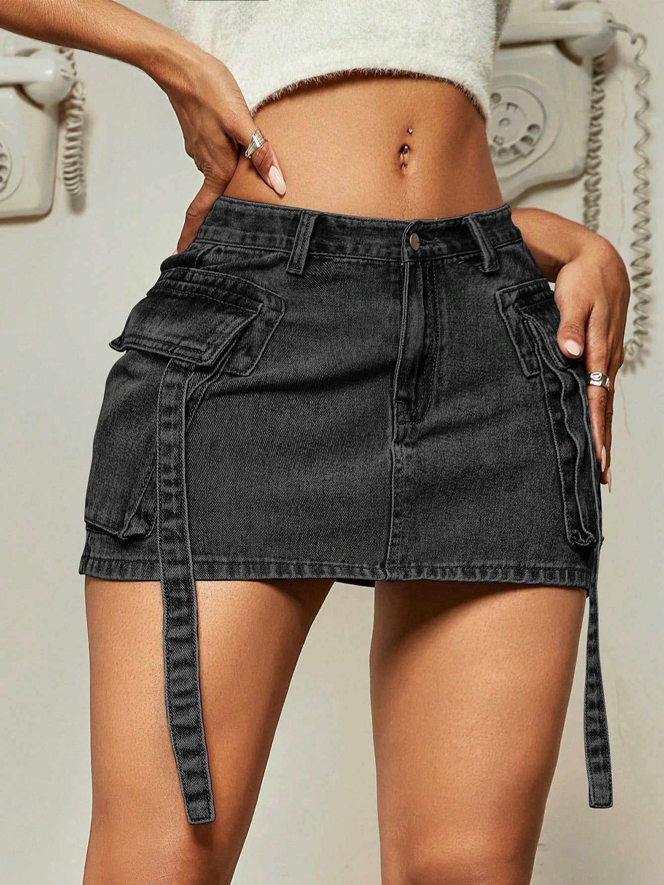 Women's Apperloth Black Denim Mini Skirt Women Sexy Cargo Style Short Skirt