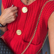 Women's Red Sleeveless Knit Vest - Cropped Casual Fashion Sweater Vest
